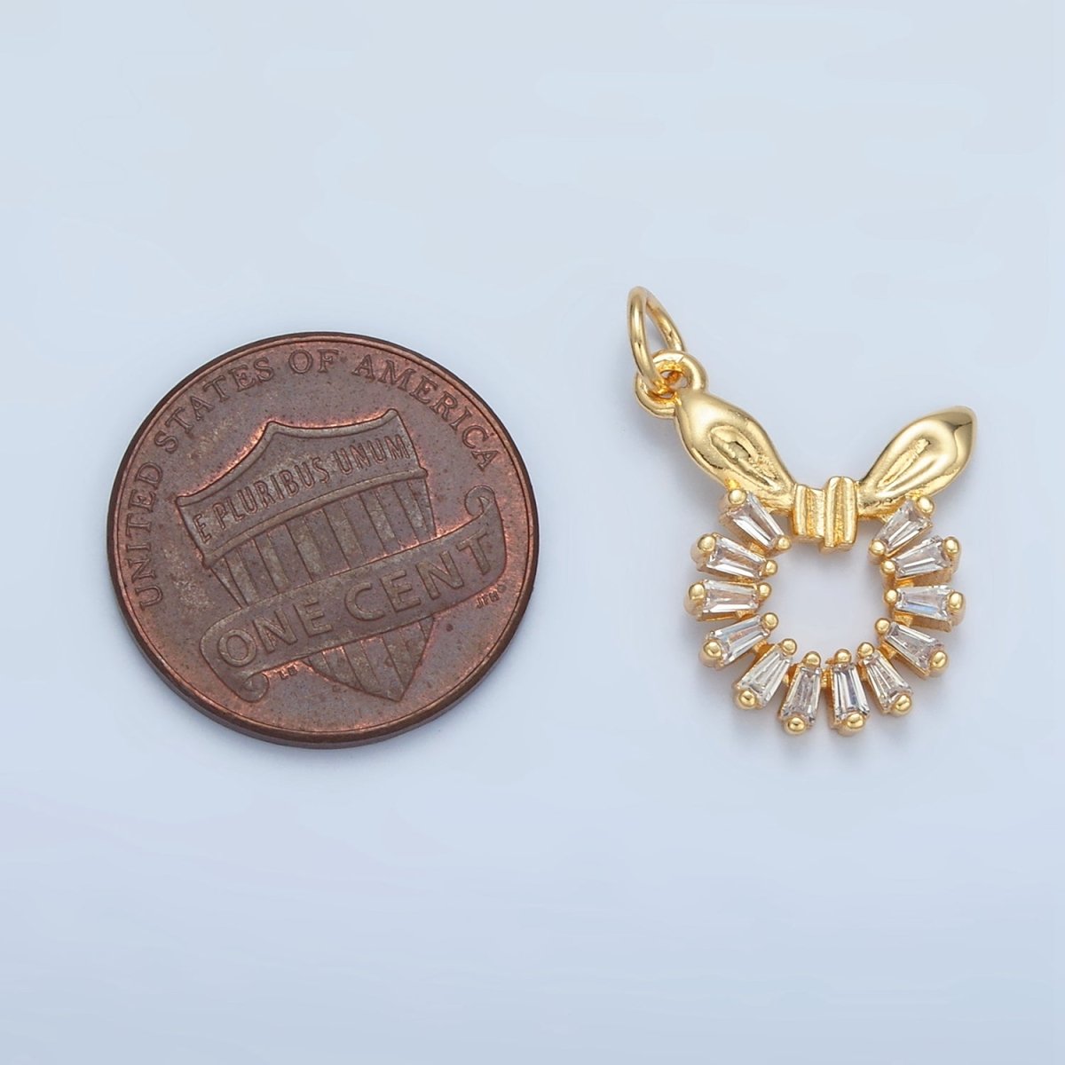 24K Gold Filled Clear Baguette CZ Bow Ribbon Open Circular Round Charm | M048 - DLUXCA