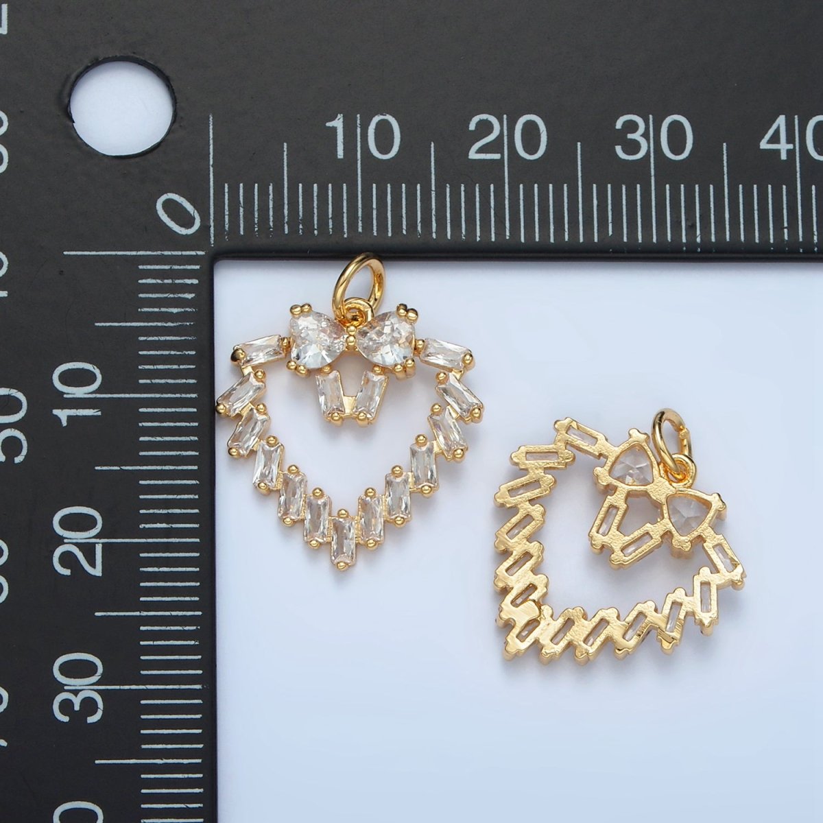24K Gold Filled Clear Baguette CZ Open Heart Bezel Charm | E736 - DLUXCA