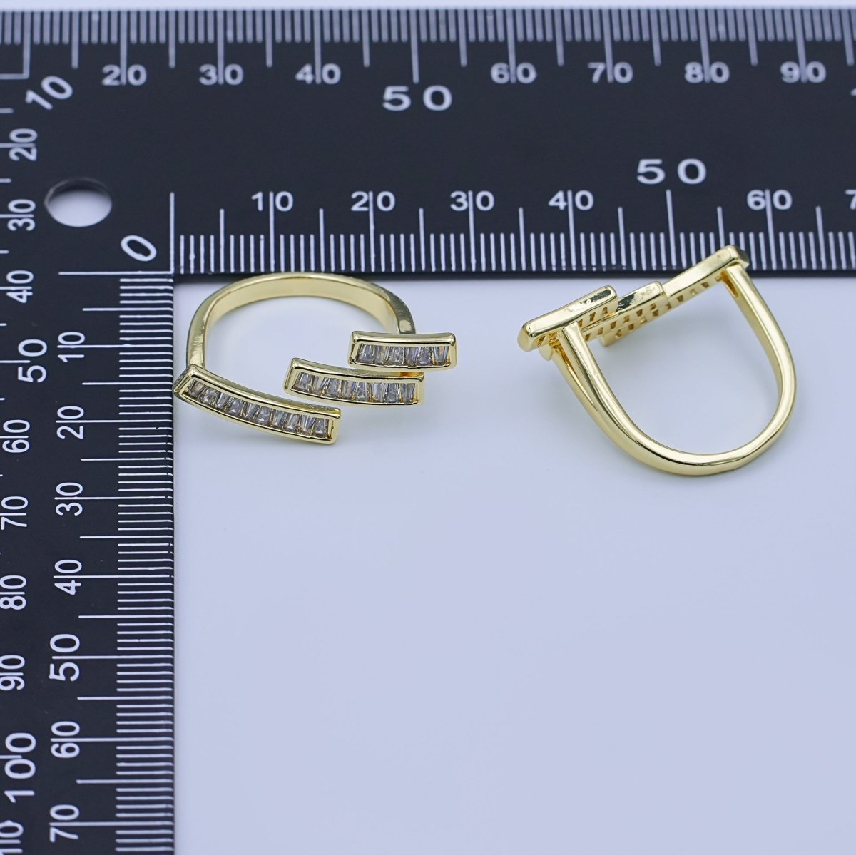 24K Gold Filled Clear Baguette CZ Triple Bar Ring | O1436 - DLUXCA