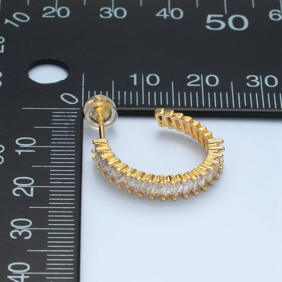 24k Gold Filled Clear Baguette Micro Paved C - Shaped Hoop Earrings | AD - 732 - DLUXCA