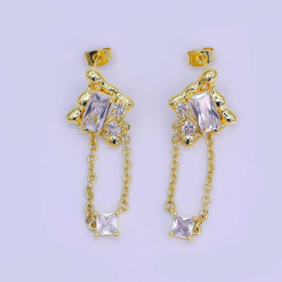 24K Gold Filled Clear Baguette Molten Chain Drop Stud Earrings | AI501 - DLUXCA