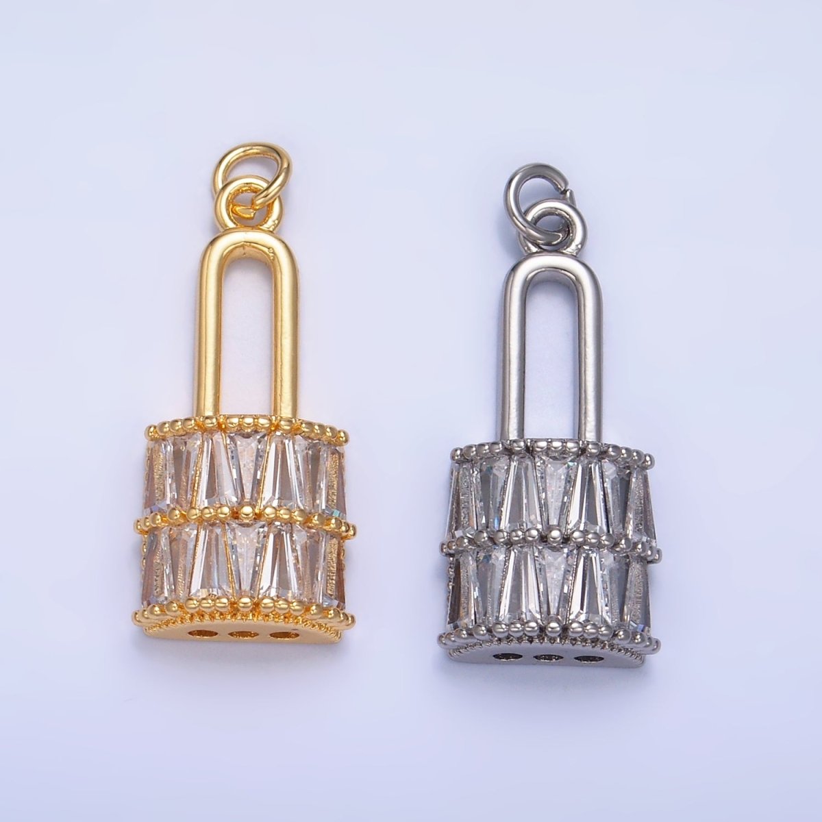 24K Gold Filled Clear Baguette Padlock Charm in Gold & Silver | W374