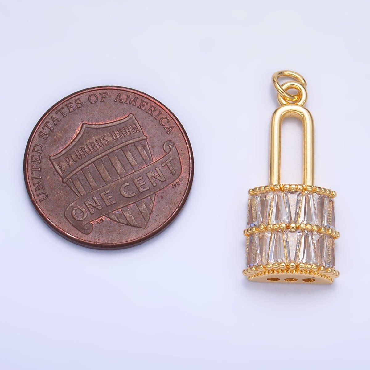 24K Gold Filled Clear Baguette Padlock Charm in Gold & Silver | W374