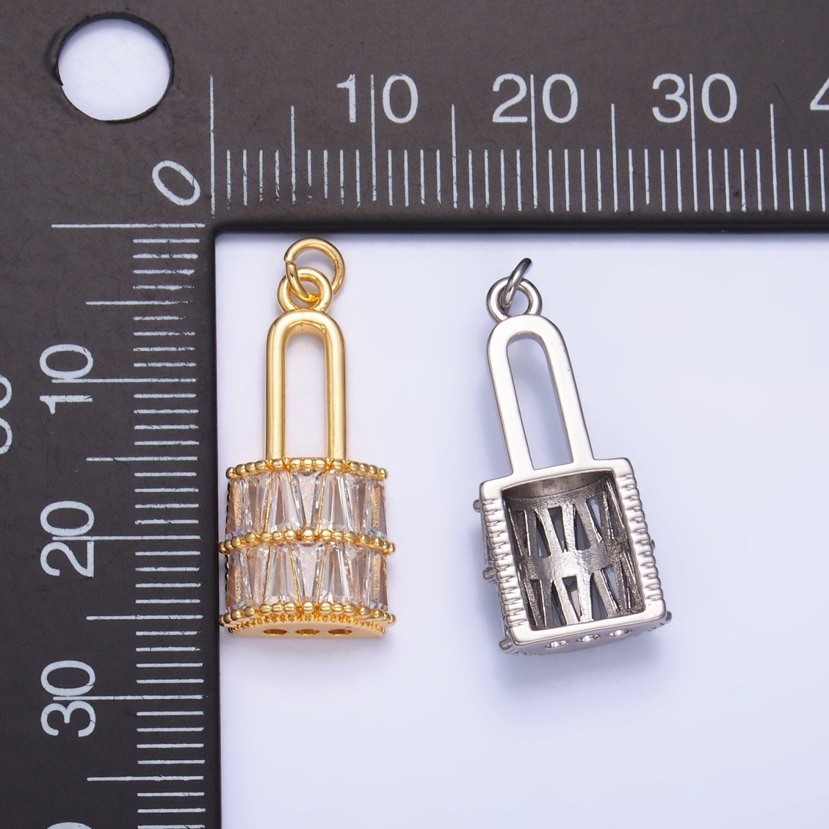 24K Gold Filled Clear Baguette Padlock Charm in Gold & Silver | W374