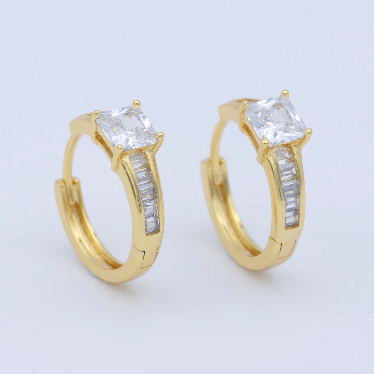 24K Gold Filled Clear Baguette Square Cubic ZIrconia Huggie Hoop Earrings | Leo-768 - DLUXCA