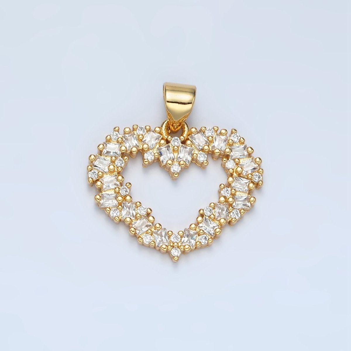 24K Gold Filled Clear, Black, Fuchsia CZ Baguette Open Heart Pendant | AA856 - AA857