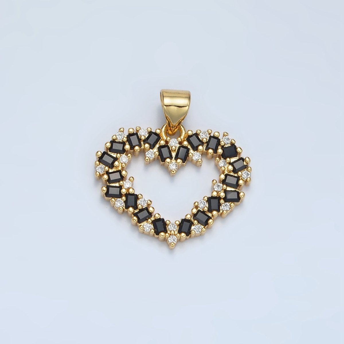 24K Gold Filled Clear, Black, Fuchsia CZ Baguette Open Heart Pendant | AA856 - AA857