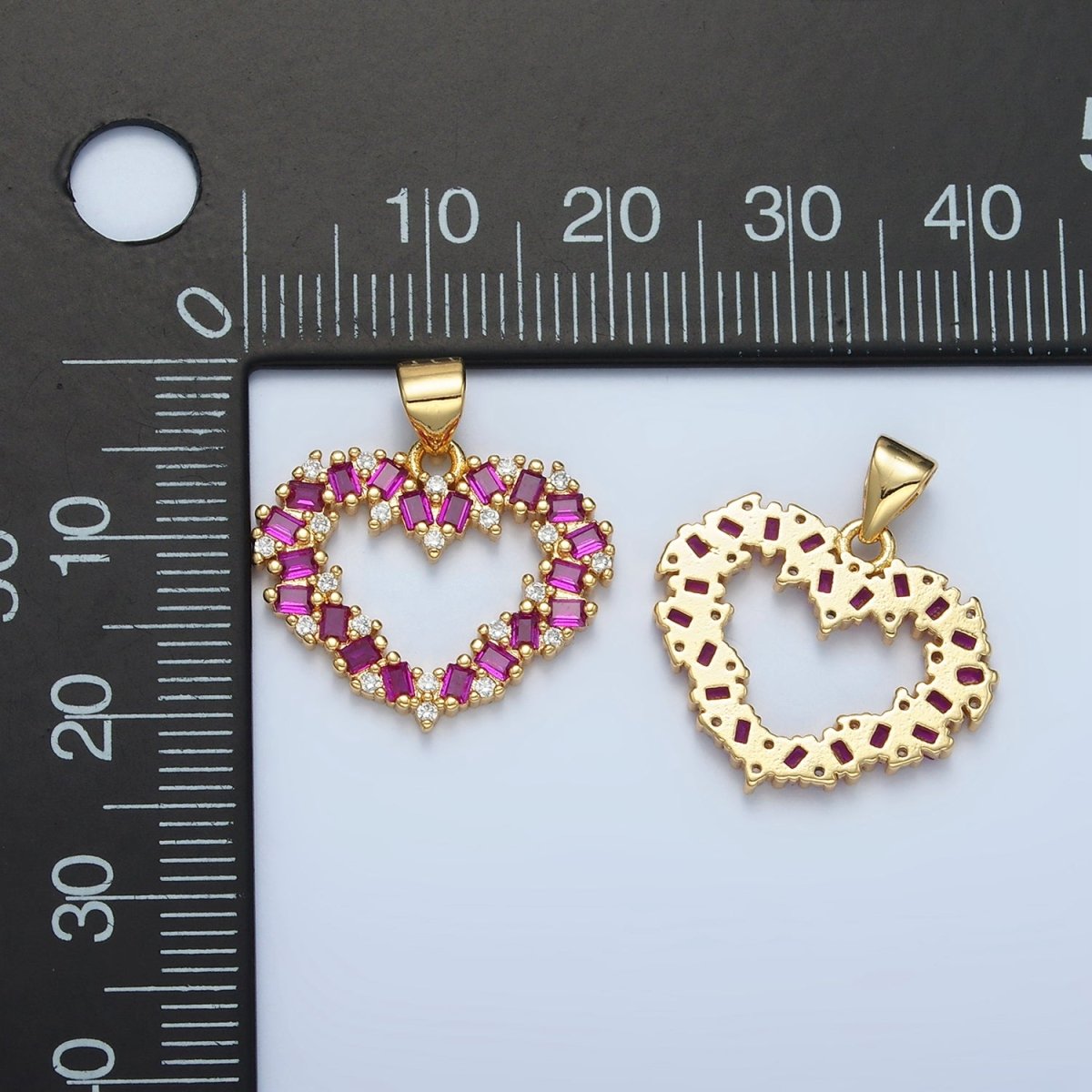 24K Gold Filled Clear, Black, Fuchsia CZ Baguette Open Heart Pendant | AA856 - AA857