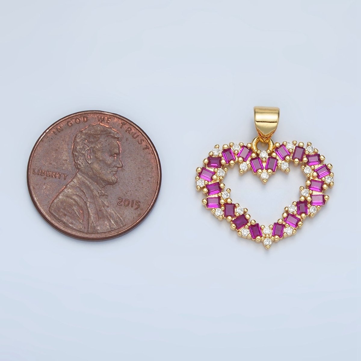 24K Gold Filled Clear, Black, Fuchsia CZ Baguette Open Heart Pendant | AA856 - AA857