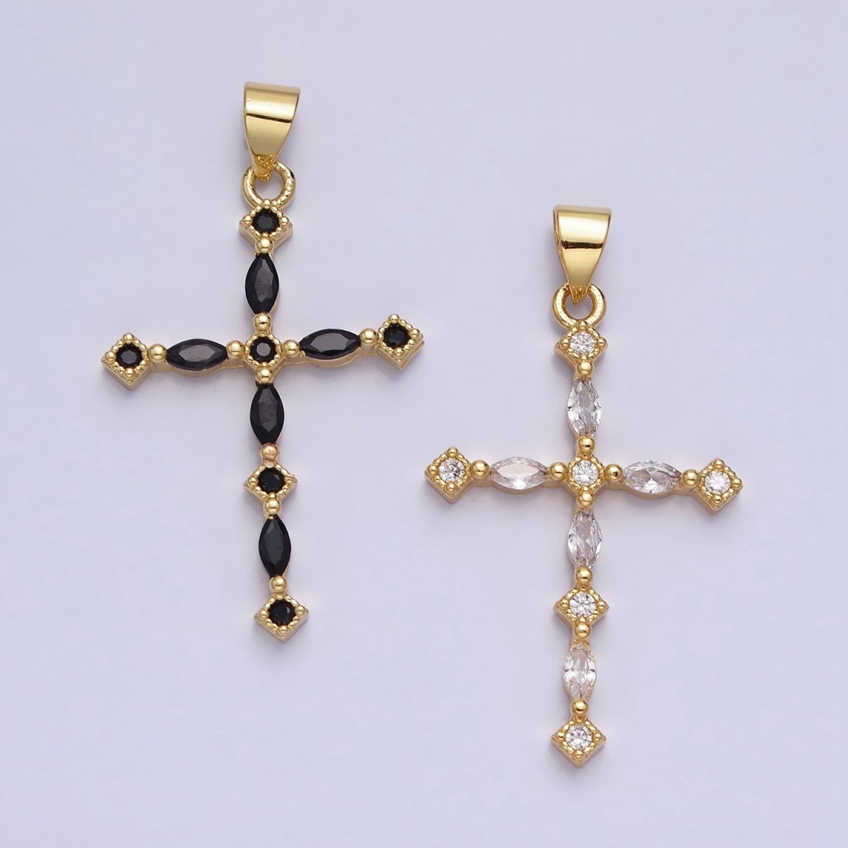 24K Gold Filled Clear, Black Marquise CZ Lined Religious Thin Cross | AA-231 AA-232