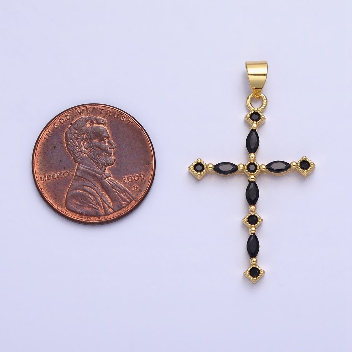 24K Gold Filled Clear, Black Marquise CZ Lined Religious Thin Cross | AA-231 AA-232