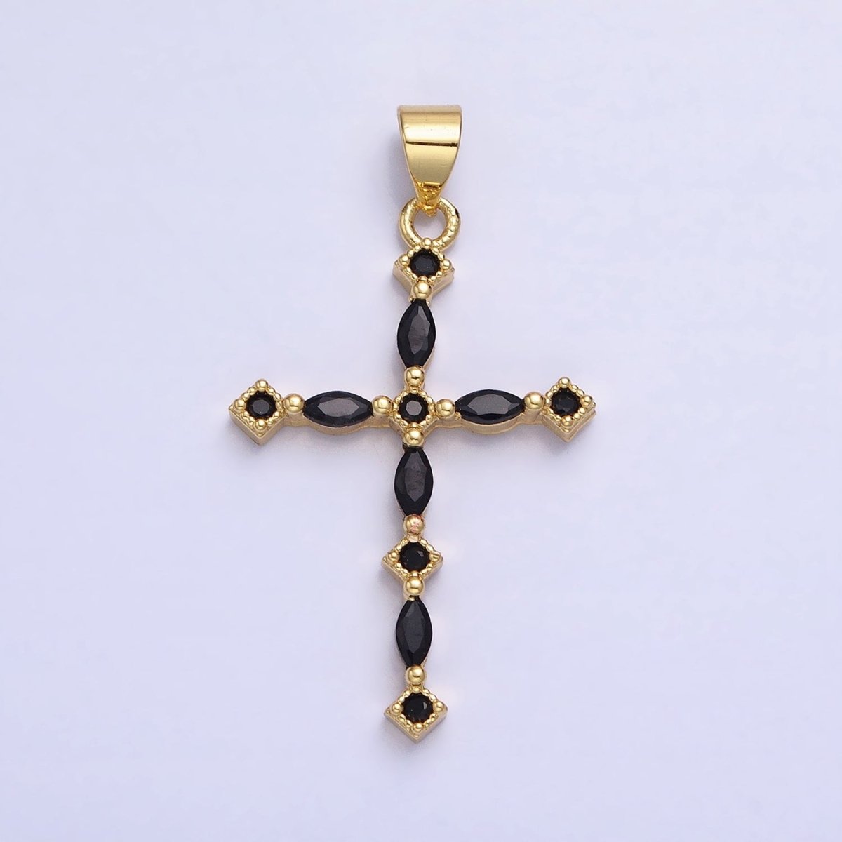 24K Gold Filled Clear, Black Marquise CZ Lined Religious Thin Cross | AA-231 AA-232