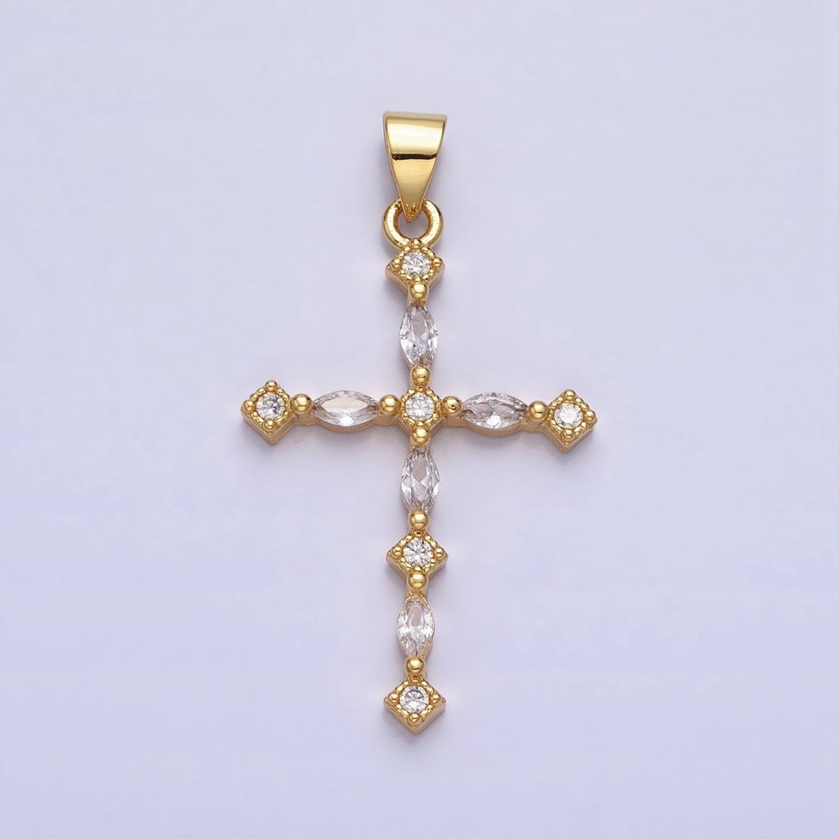 24K Gold Filled Clear, Black Marquise CZ Lined Religious Thin Cross | AA-231 AA-232