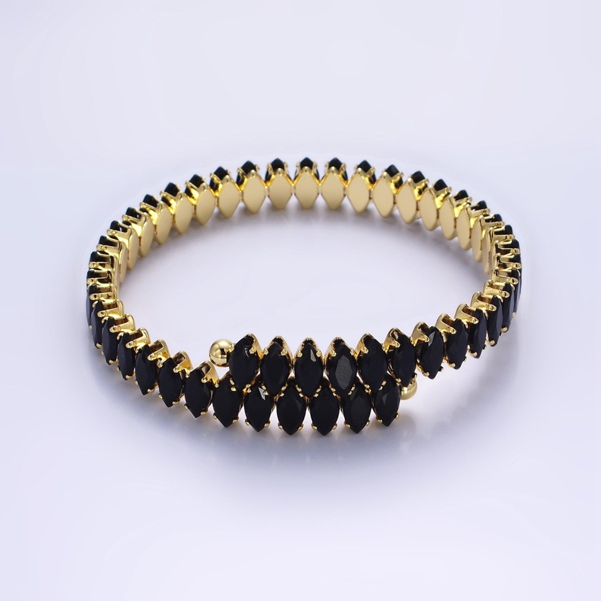 24K Gold Filled Clear, Black Marquise CZ Tennis Chain Bangle Cuff Bracelet | WA-2537 WA-2538