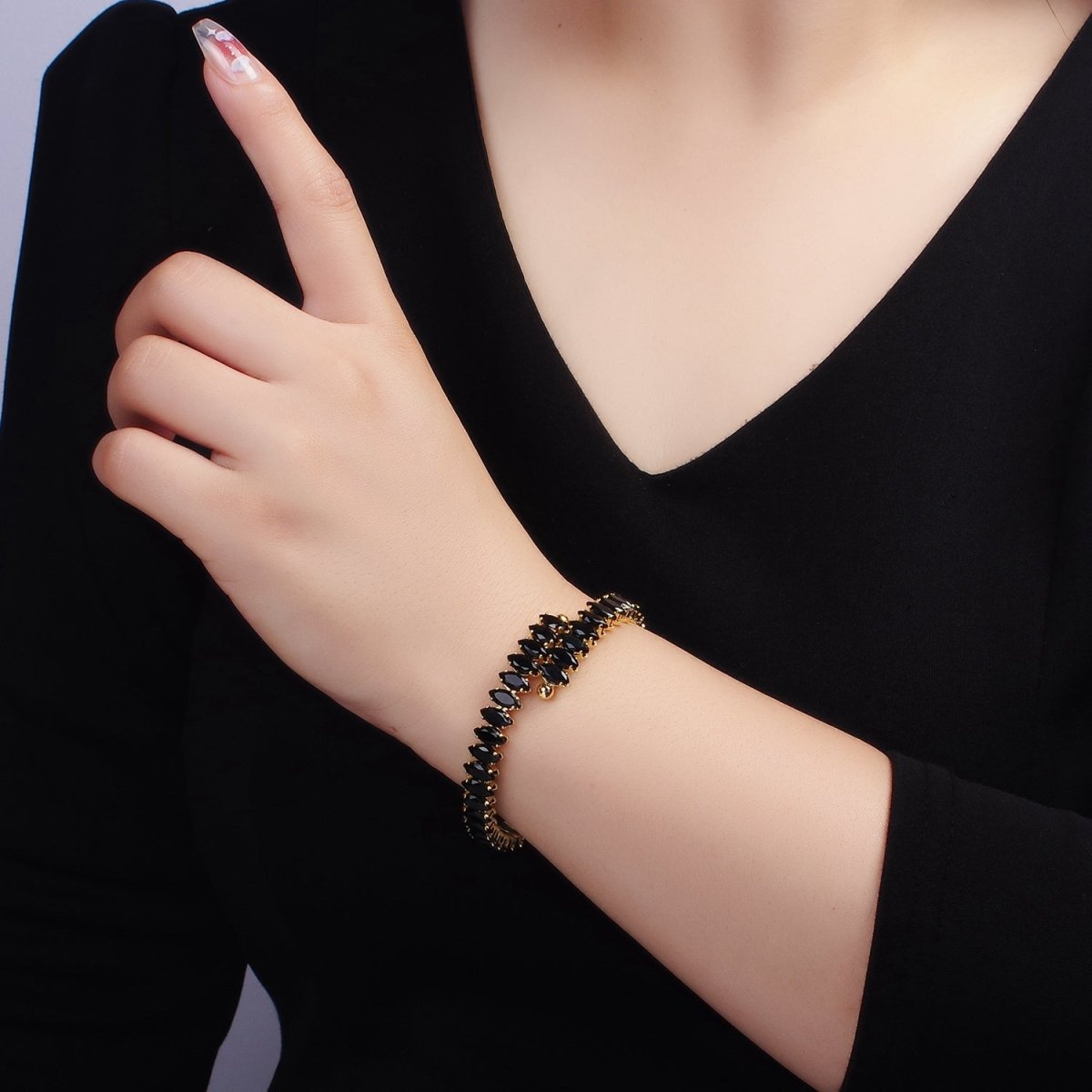 24K Gold Filled Clear, Black Marquise CZ Tennis Chain Bangle Cuff Bracelet | WA-2537 WA-2538