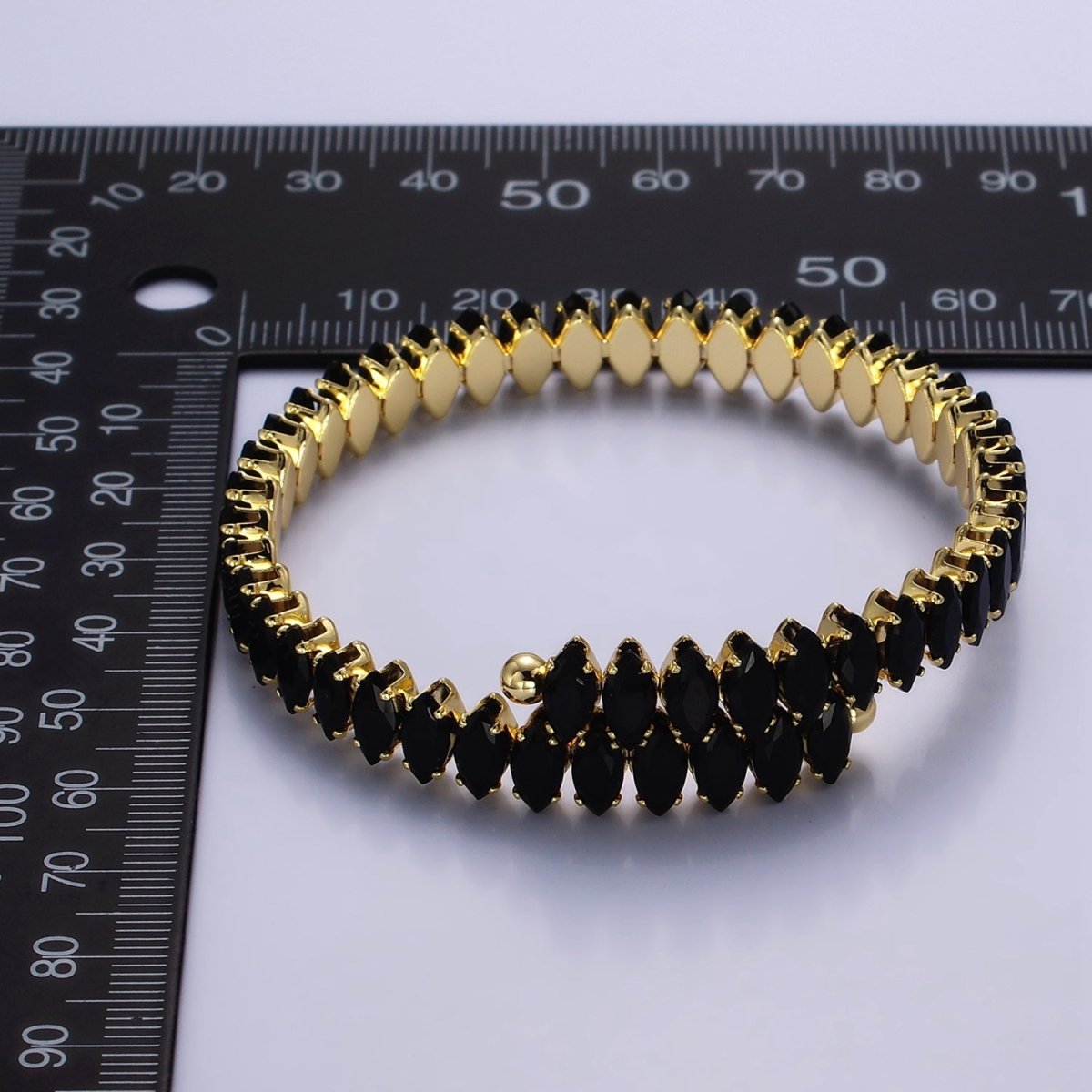 24K Gold Filled Clear, Black Marquise CZ Tennis Chain Bangle Cuff Bracelet | WA-2537 WA-2538
