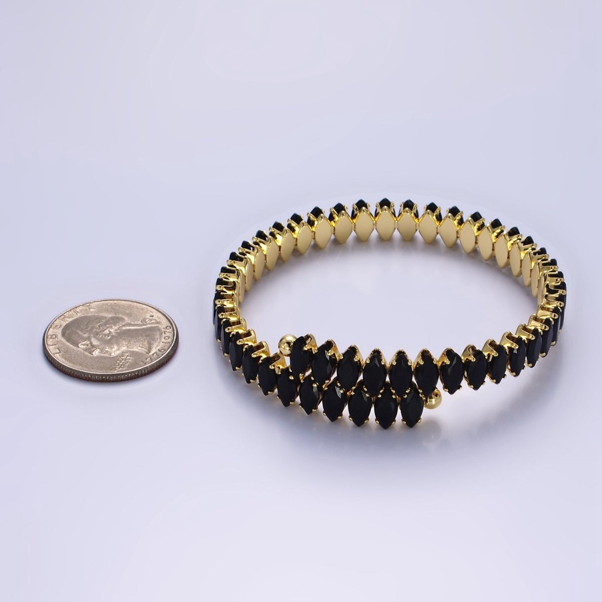 24K Gold Filled Clear, Black Marquise CZ Tennis Chain Bangle Cuff Bracelet | WA-2537 WA-2538