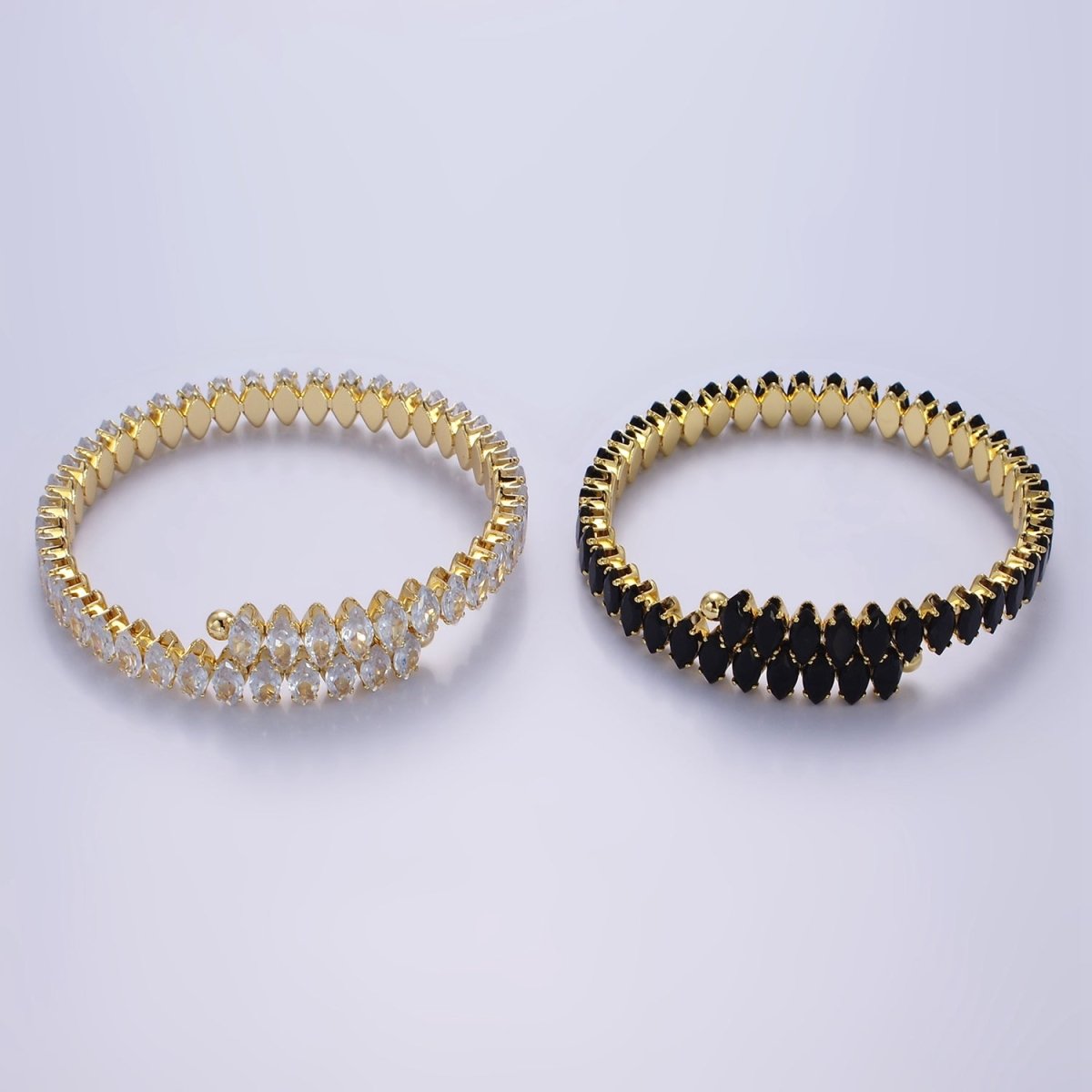 24K Gold Filled Clear, Black Marquise CZ Tennis Chain Bangle Cuff Bracelet | WA-2537 WA-2538