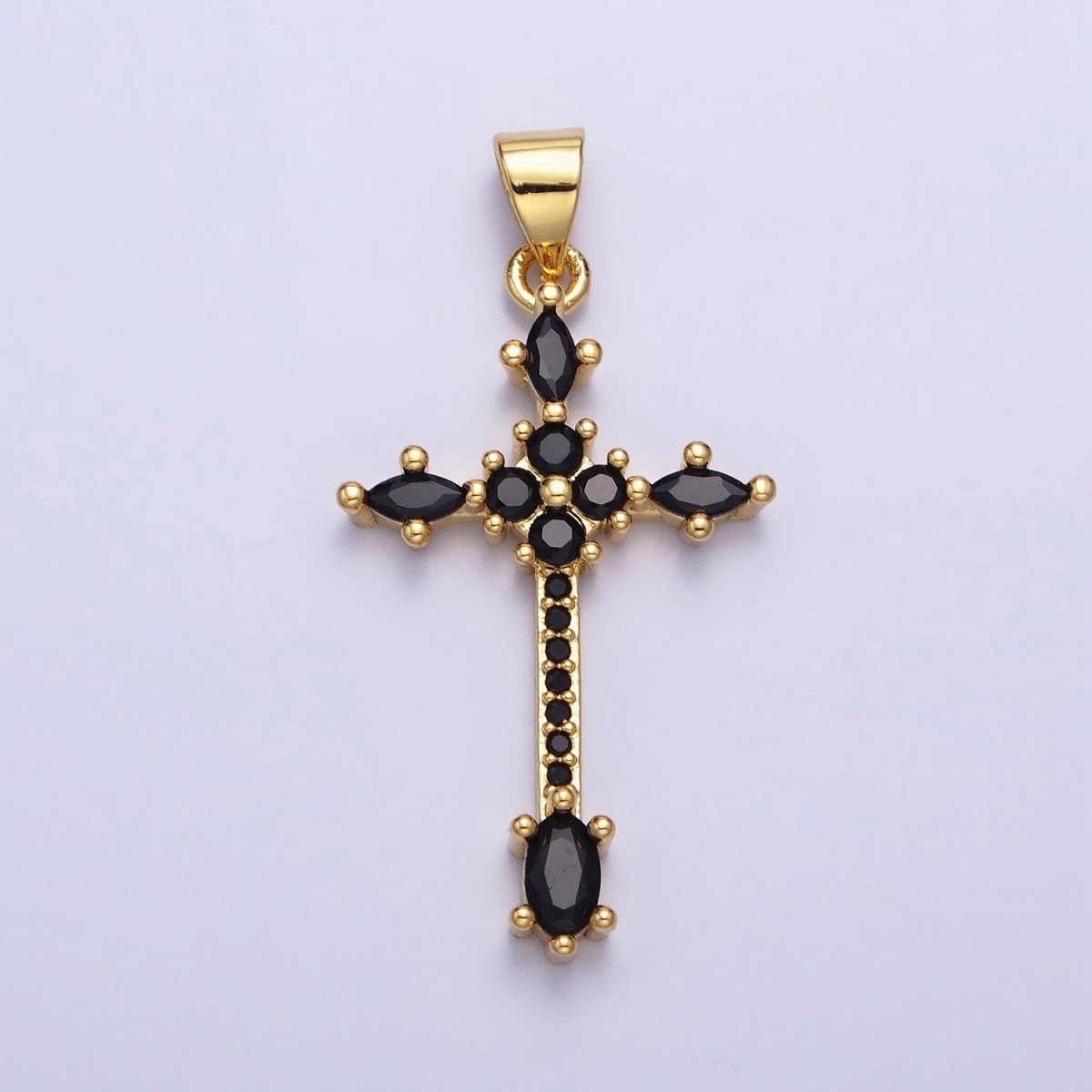 24K Gold Filled Clear, Black Marquise Micro Paved CZ Religious Cross Pendant | AA205 AA209