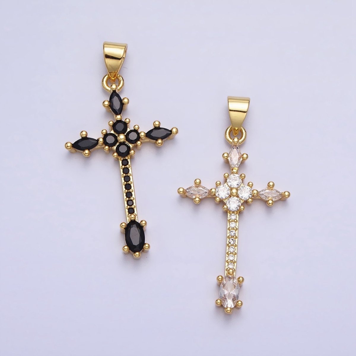 24K Gold Filled Clear, Black Marquise Micro Paved CZ Religious Cross Pendant | AA205 AA209