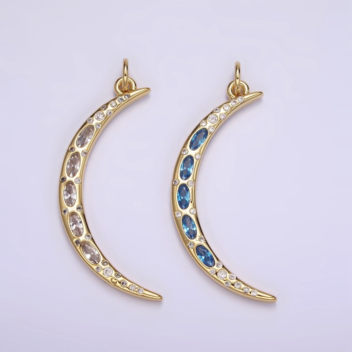 24K Gold Filled Clear, Blue CZ Dotted Crescent Moon Charm | M107