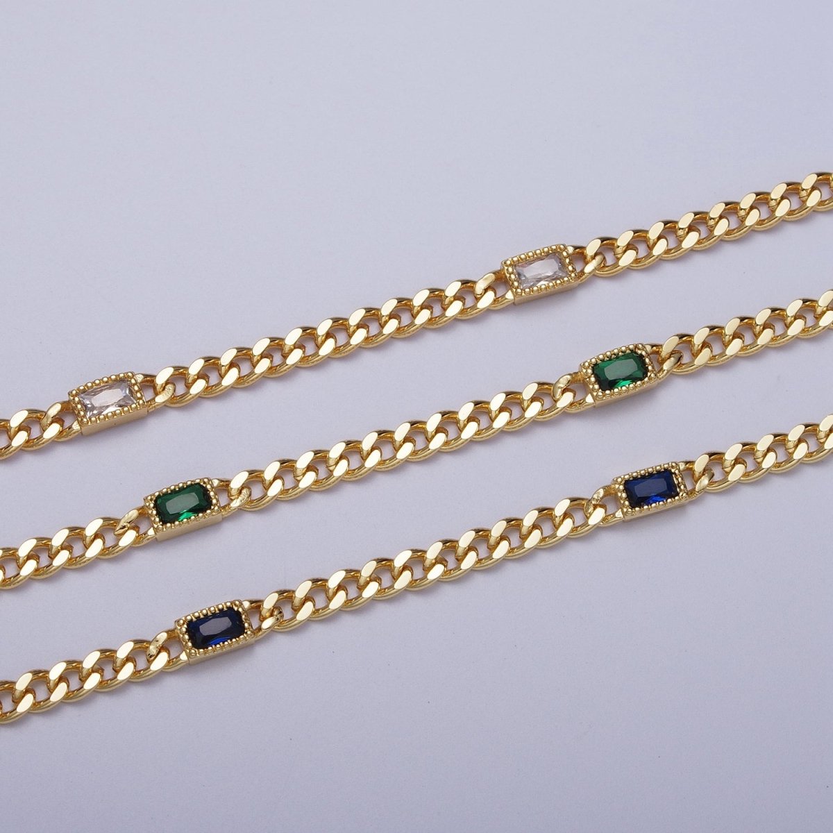 24K Gold Filled Clear, Blue, Green Baguette CZ 3.8mm Curb Chain 6.75 Inch Bracelet | WA-1506 - WA-1508 Clearance Pricing