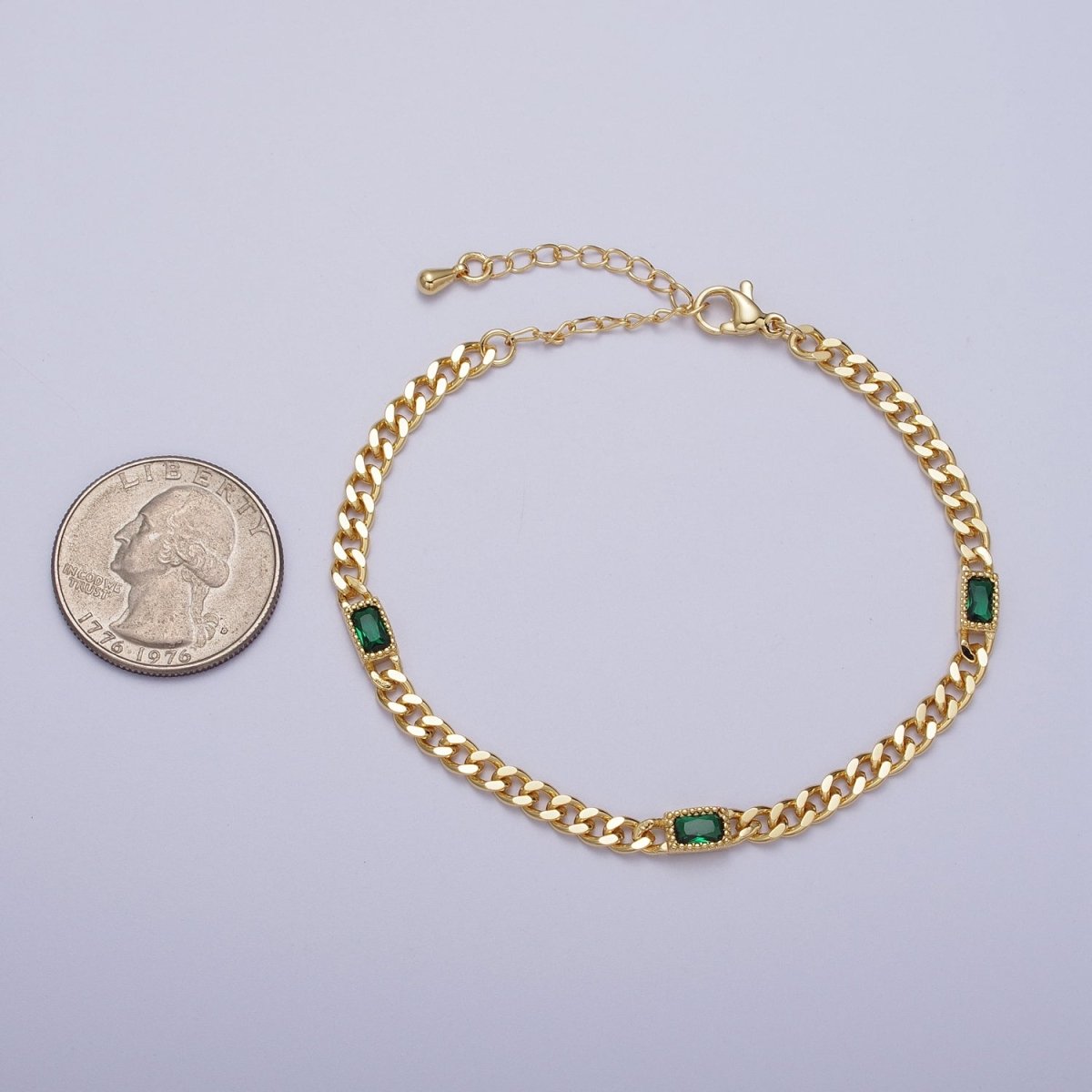 24K Gold Filled Clear, Blue, Green Baguette CZ 3.8mm Curb Chain 6.75 Inch Bracelet | WA-1506 - WA-1508 Clearance Pricing
