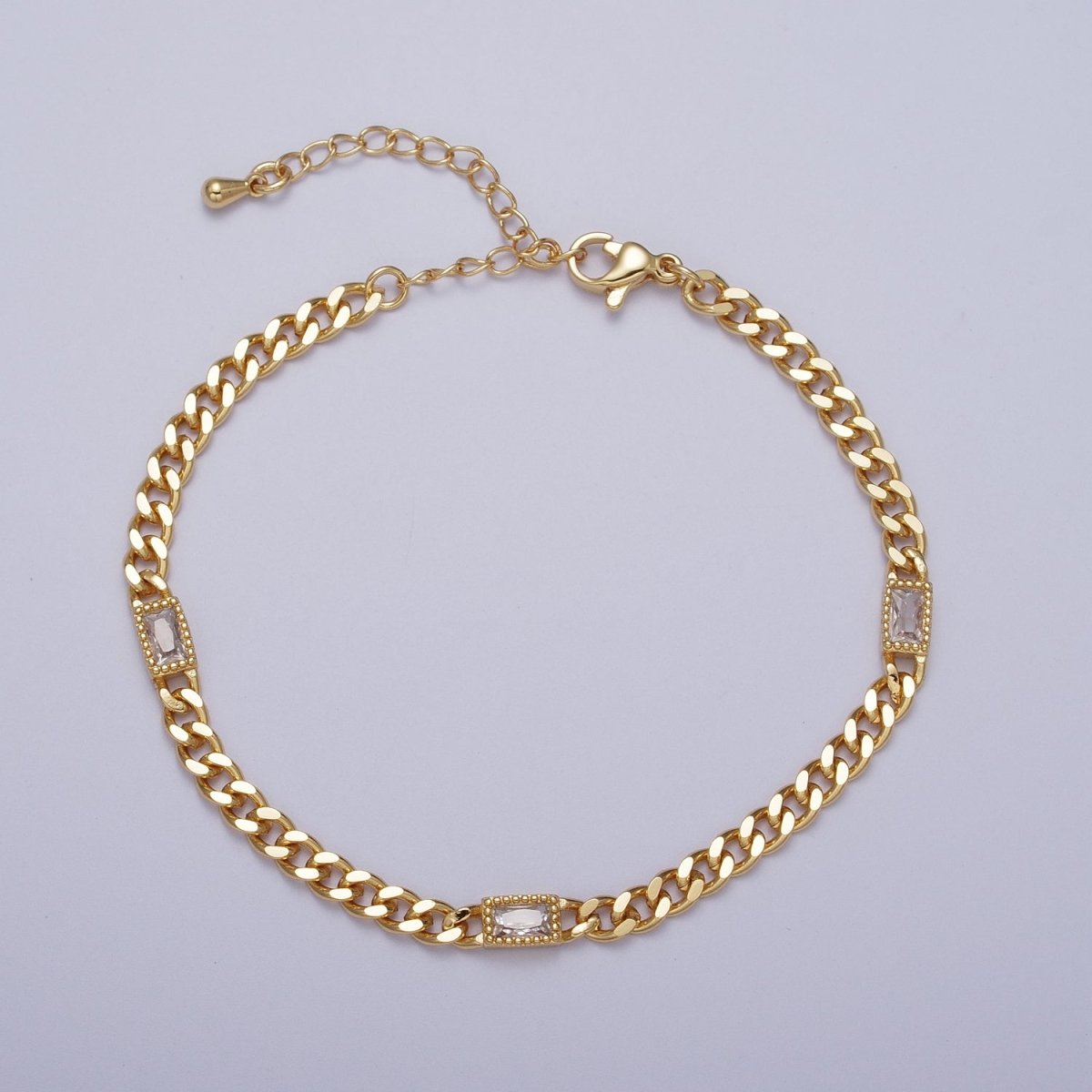 24K Gold Filled Clear, Blue, Green Baguette CZ 3.8mm Curb Chain 6.75 Inch Bracelet | WA-1506 - WA-1508 Clearance Pricing