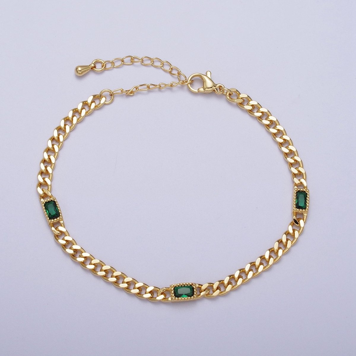 24K Gold Filled Clear, Blue, Green Baguette CZ 3.8mm Curb Chain 6.75 Inch Bracelet | WA-1506 - WA-1508 Clearance Pricing