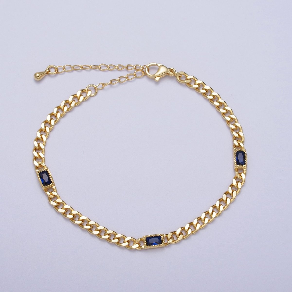 24K Gold Filled Clear, Blue, Green Baguette CZ 3.8mm Curb Chain 6.75 Inch Bracelet | WA-1506 - WA-1508 Clearance Pricing