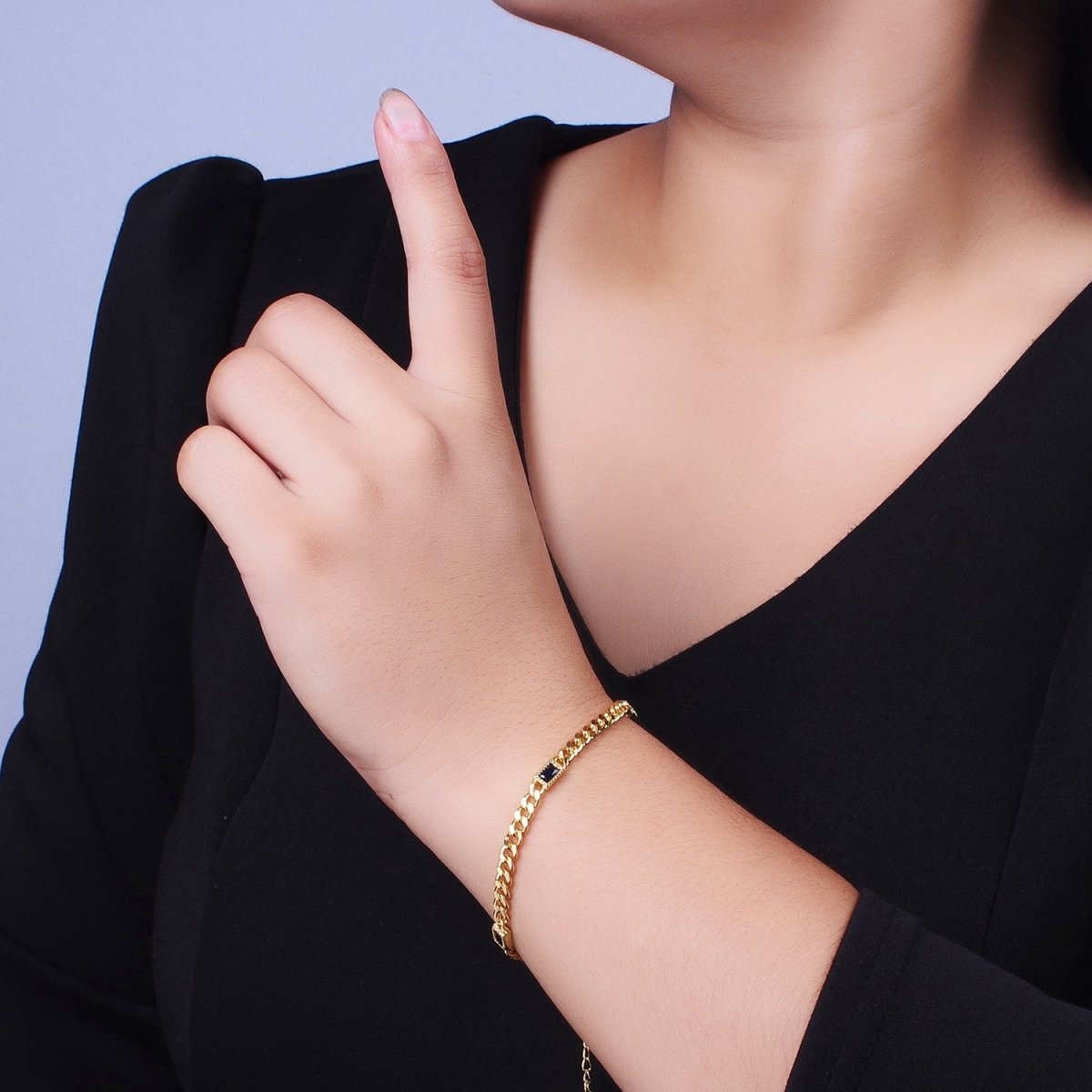 24K Gold Filled Clear, Blue, Green Baguette CZ 3.8mm Curb Chain 6.75 Inch Bracelet | WA-1506 - WA-1508 Clearance Pricing