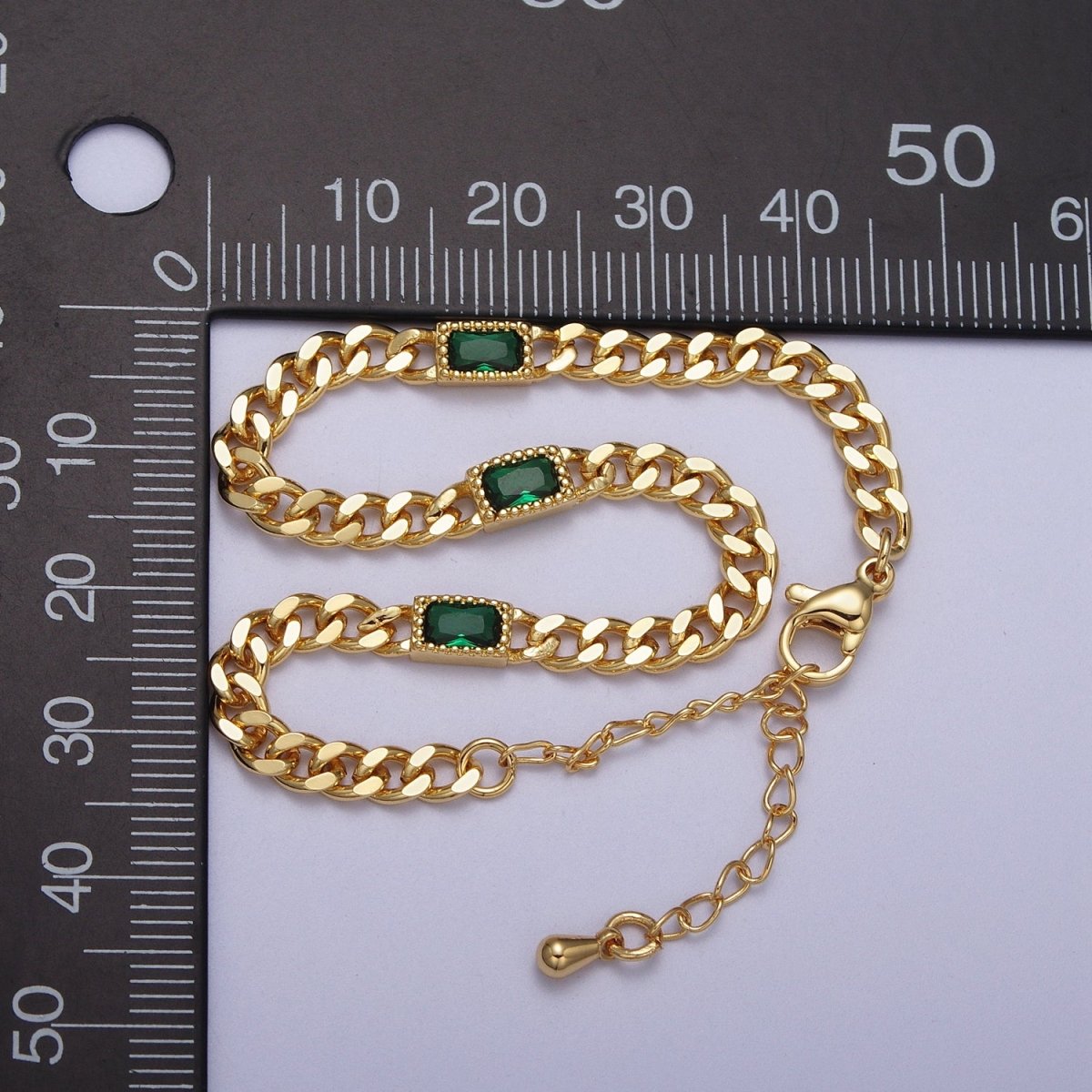 24K Gold Filled Clear, Blue, Green Baguette CZ 3.8mm Curb Chain 6.75 Inch Bracelet | WA-1506 - WA-1508 Clearance Pricing