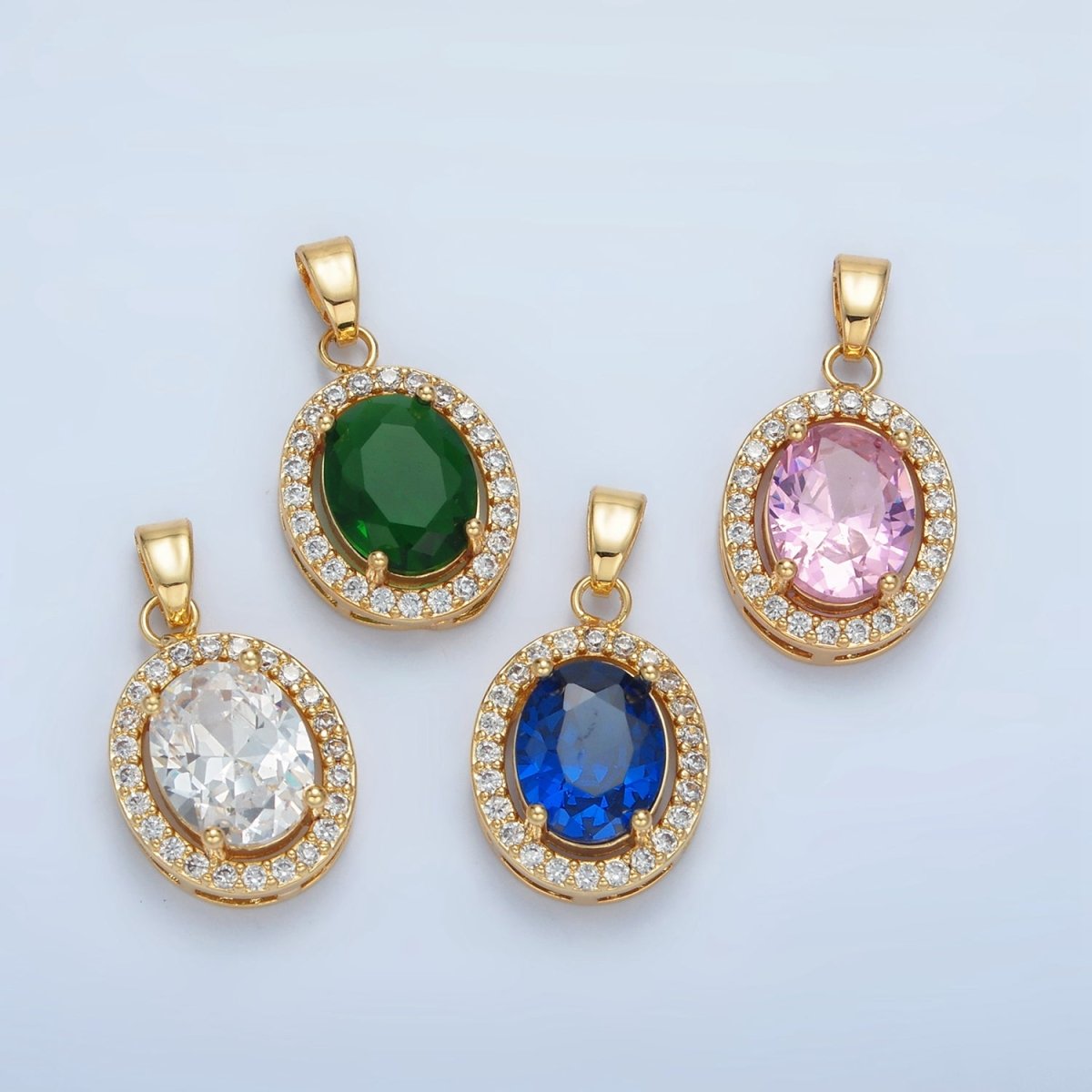 24K Gold Filled Clear, Blue, Green, Pink CZ Micro Paved Oval Pendant | AA880 AA881