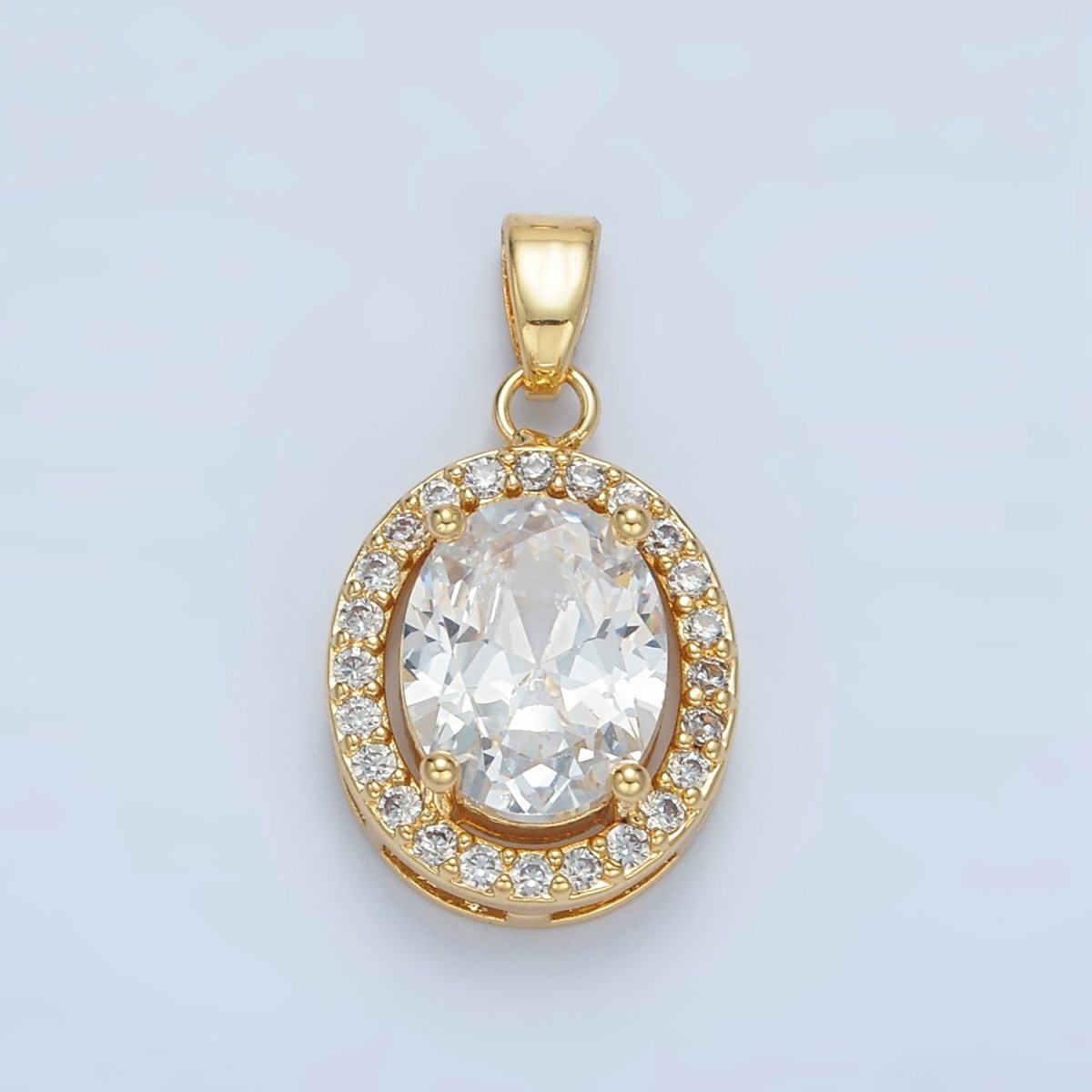 24K Gold Filled Clear, Blue, Green, Pink CZ Micro Paved Oval Pendant | AA880 AA881