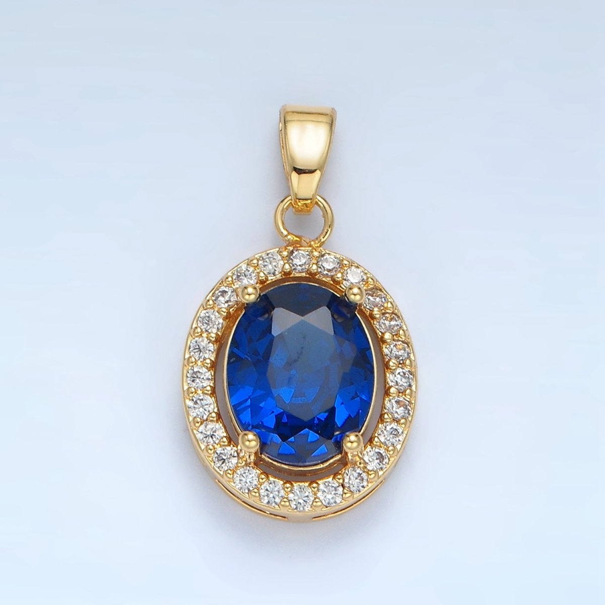 24K Gold Filled Clear, Blue, Green, Pink CZ Micro Paved Oval Pendant | AA880 AA881