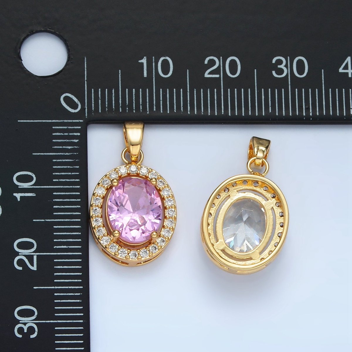 24K Gold Filled Clear, Blue, Green, Pink CZ Micro Paved Oval Pendant | AA880 AA881