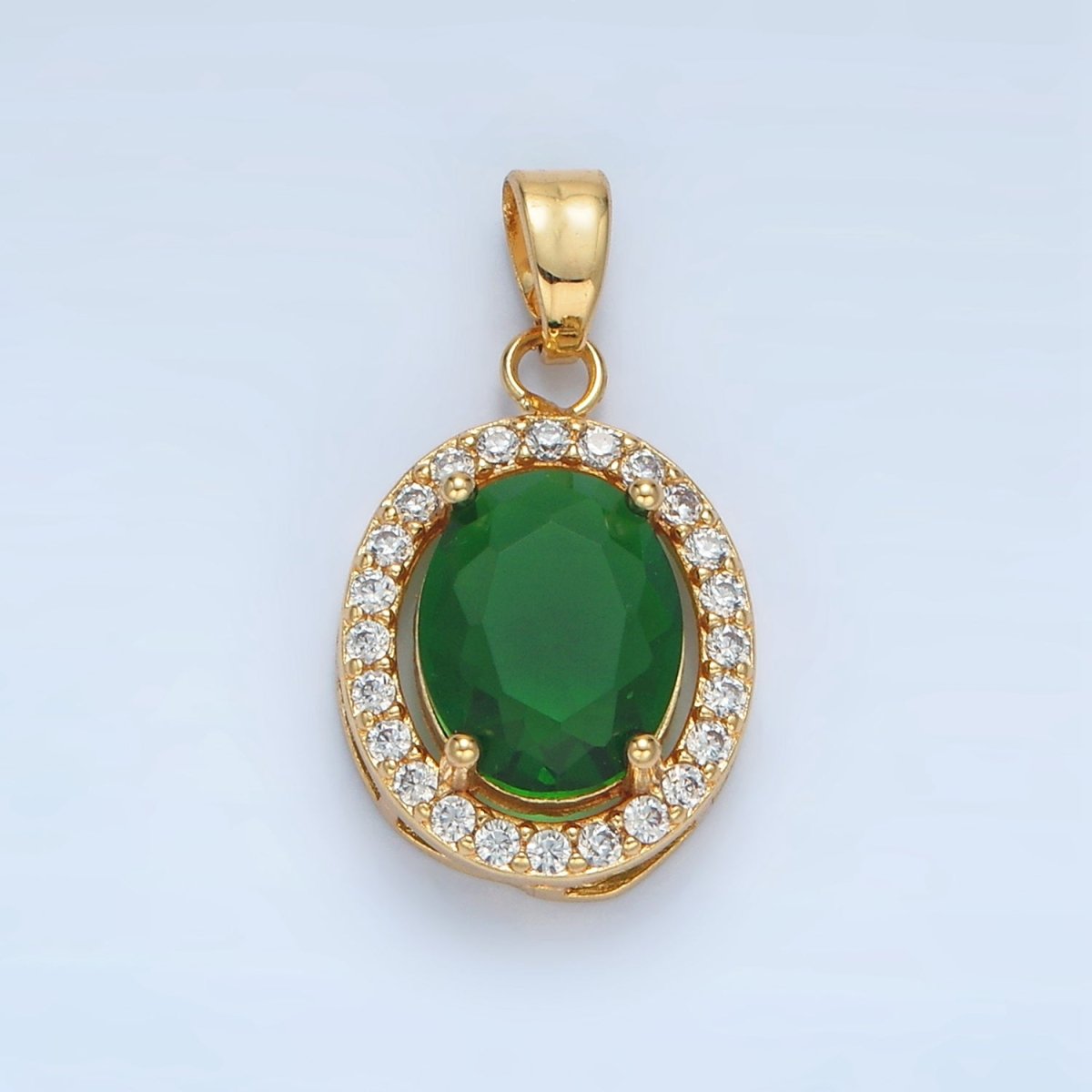 24K Gold Filled Clear, Blue, Green, Pink CZ Micro Paved Oval Pendant | AA880 AA881