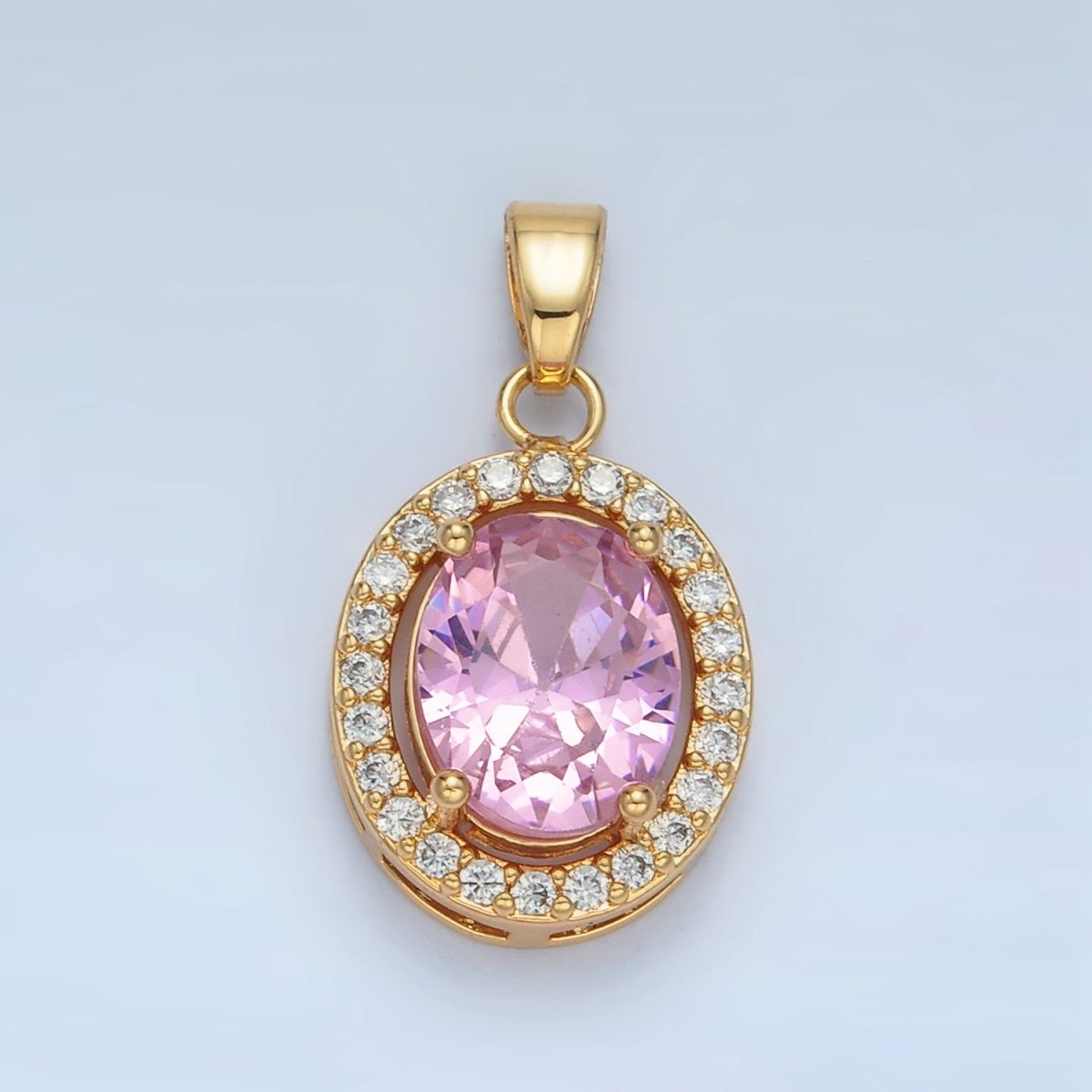 24K Gold Filled Clear, Blue, Green, Pink CZ Micro Paved Oval Pendant | AA880 AA881