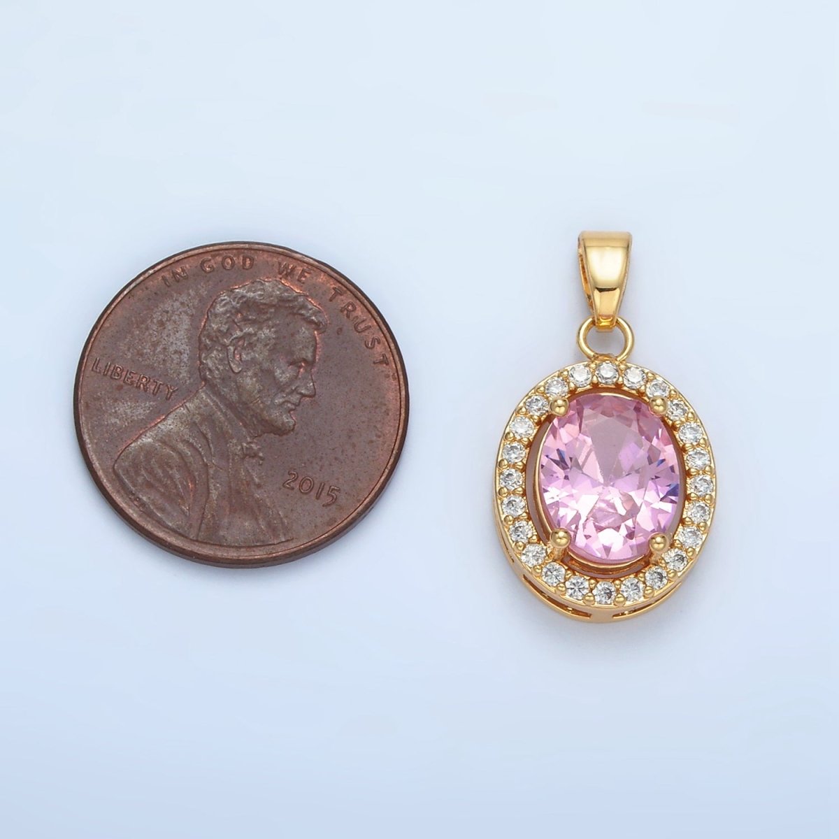24K Gold Filled Clear, Blue, Green, Pink CZ Micro Paved Oval Pendant | AA880 AA881