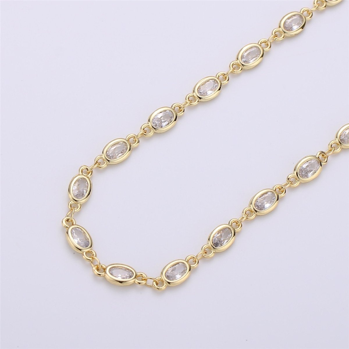 24K Gold Filled Clear Cubic Zirconia Chains, Oval Bezel Chains Silver 1 Yard 5mm CZ Connectors Link for Rosary Necklace Supply, White Gold Filled DESIGNED Chain | ROLL-104, ROLL-105 Clearance Pricing