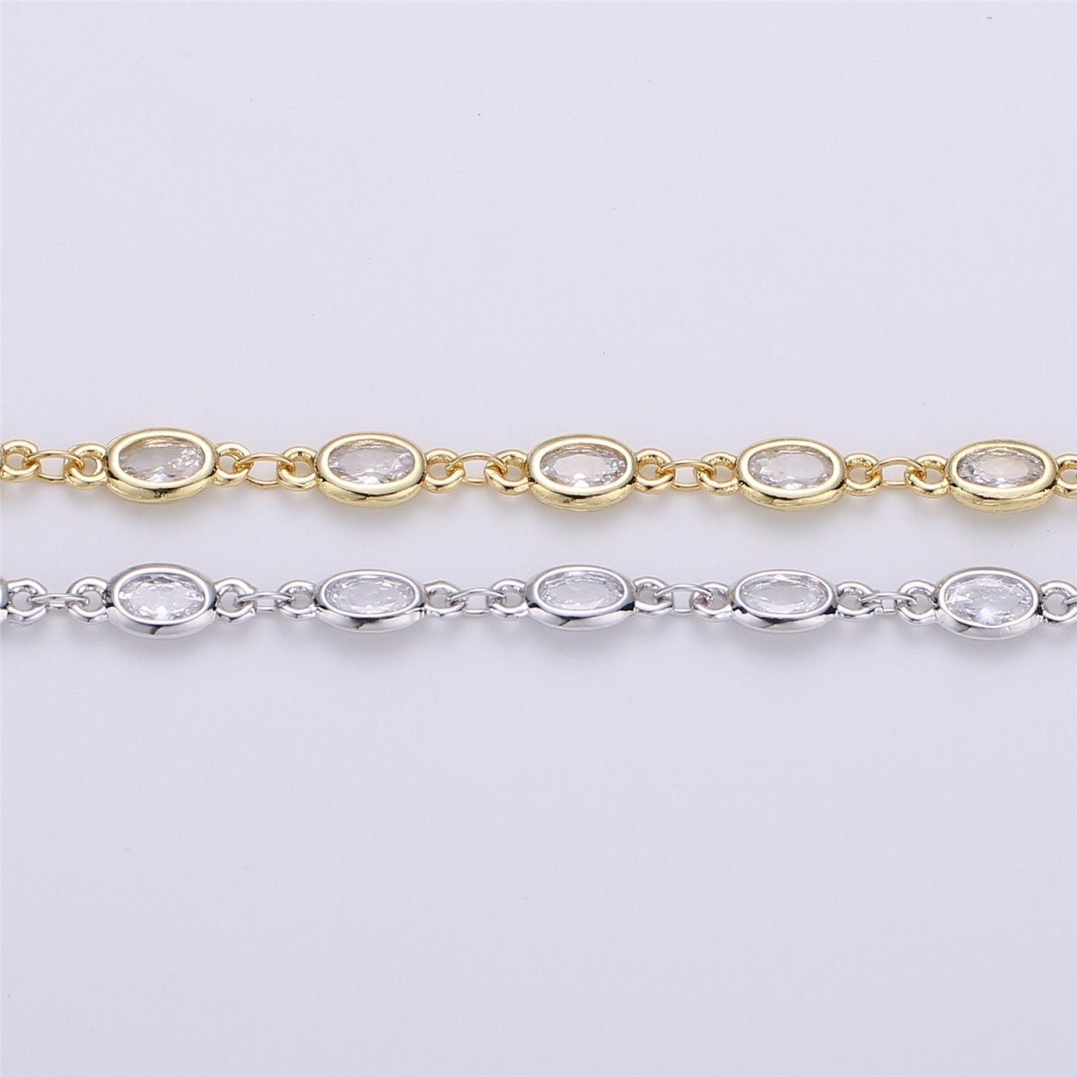 24K Gold Filled Clear Cubic Zirconia Chains, Oval Bezel Chains Silver 1 Yard 5mm CZ Connectors Link for Rosary Necklace Supply, White Gold Filled DESIGNED Chain | ROLL-104, ROLL-105 Clearance Pricing