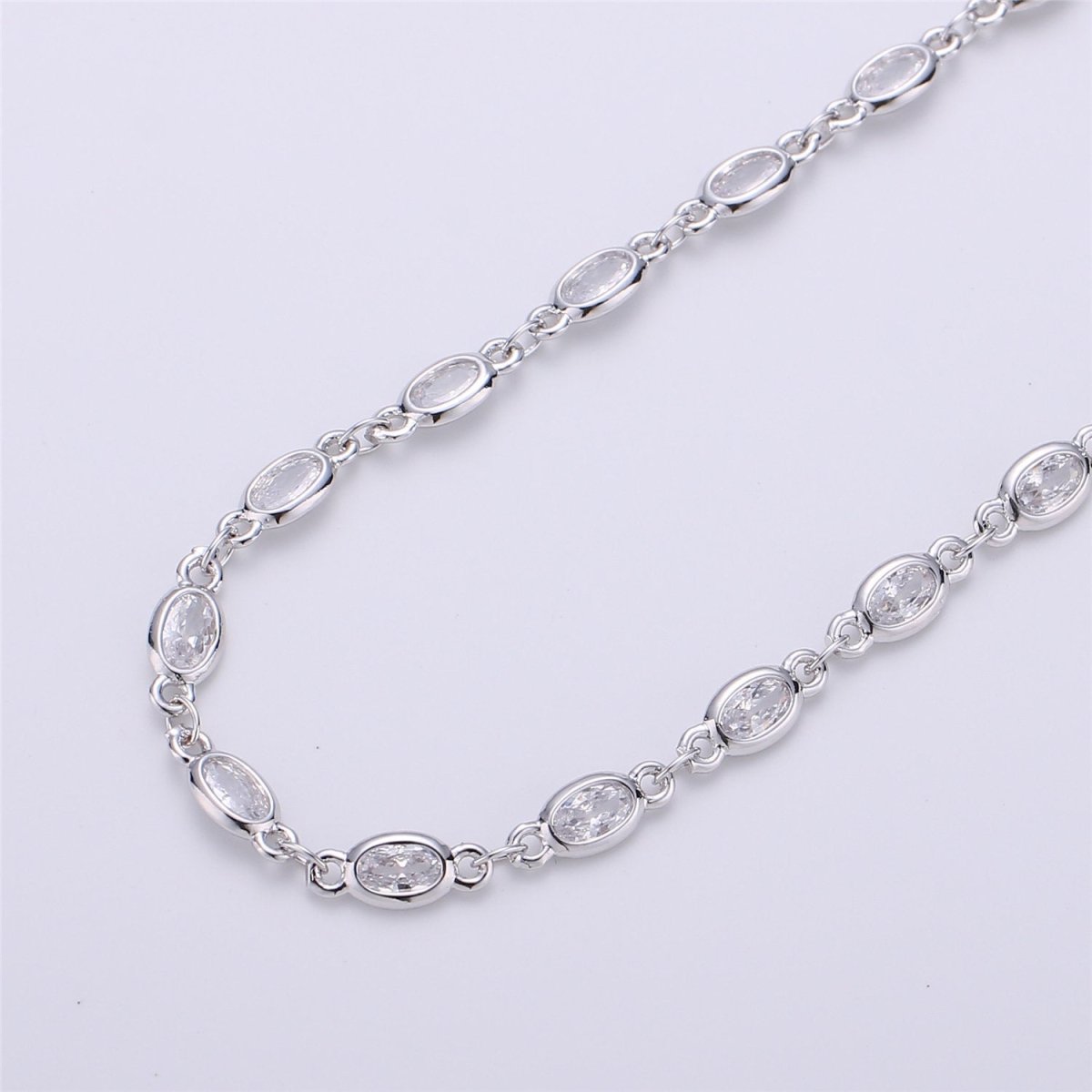24K Gold Filled Clear Cubic Zirconia Chains, Oval Bezel Chains Silver 1 Yard 5mm CZ Connectors Link for Rosary Necklace Supply, White Gold Filled DESIGNED Chain | ROLL-104, ROLL-105 Clearance Pricing