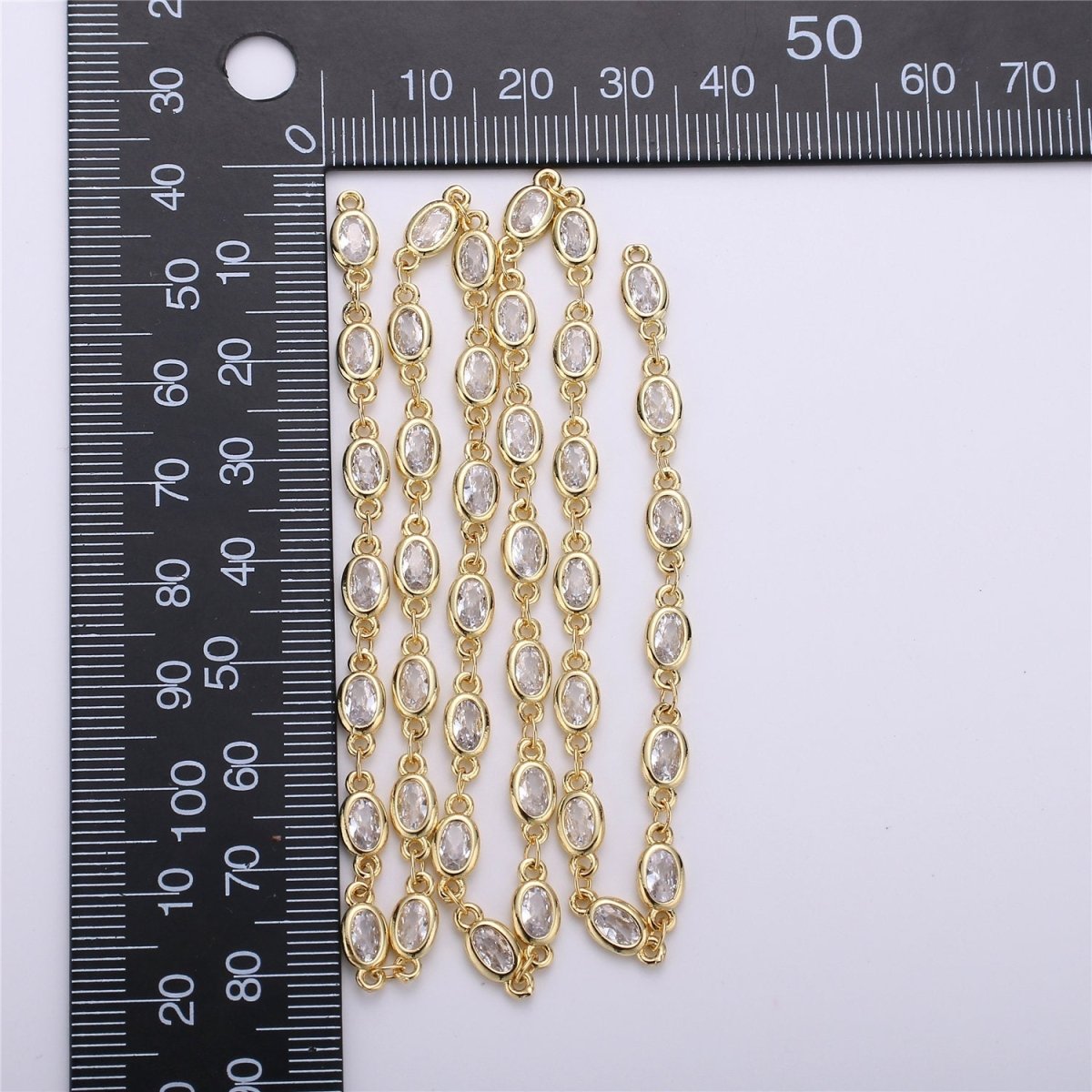 24K Gold Filled Clear Cubic Zirconia Chains, Oval Bezel Chains Silver 1 Yard 5mm CZ Connectors Link for Rosary Necklace Supply, White Gold Filled DESIGNED Chain | ROLL-104, ROLL-105 Clearance Pricing