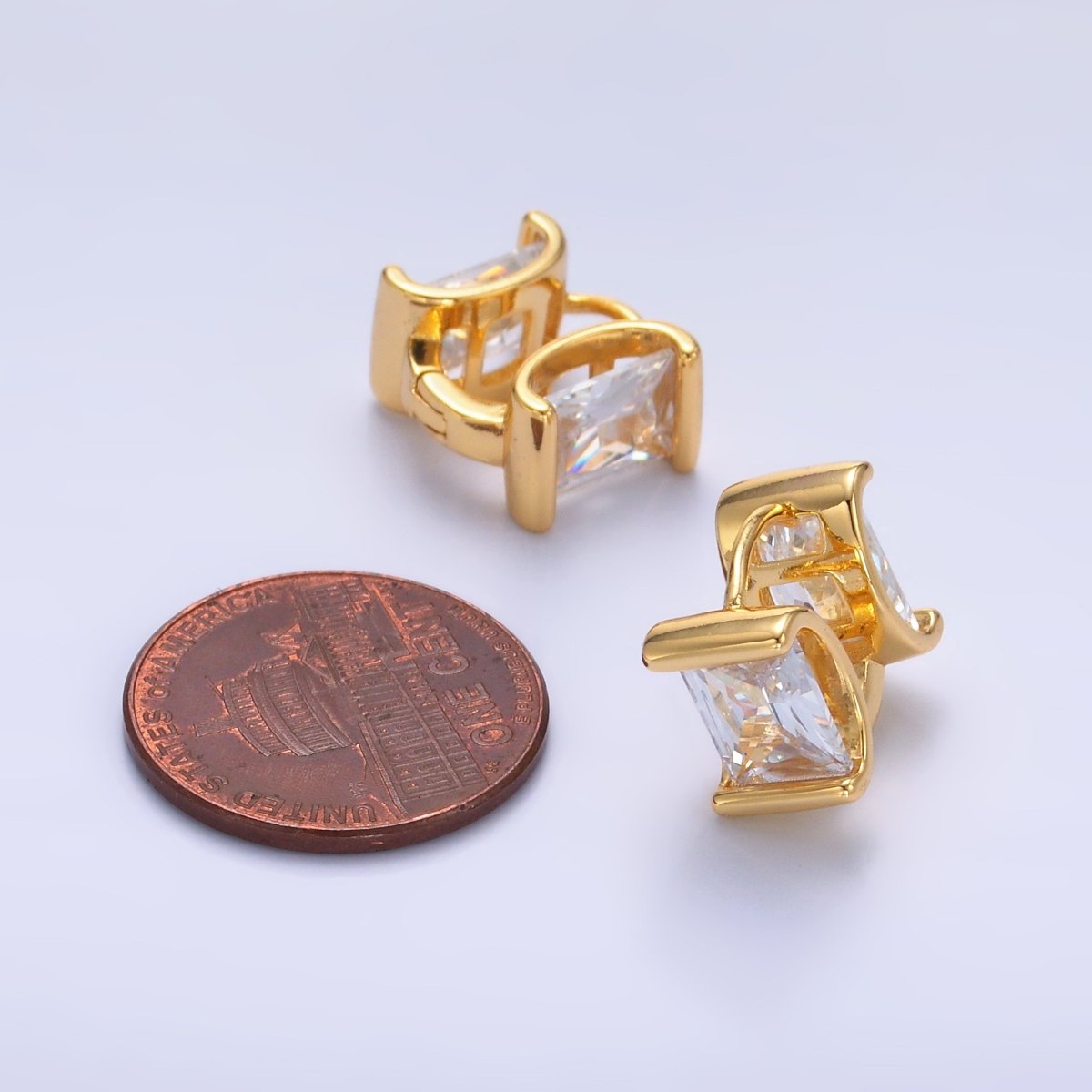 24K Gold Filled Clear CZ Baguette Double Sided Huggie Hoop Earrings | V524 - DLUXCA