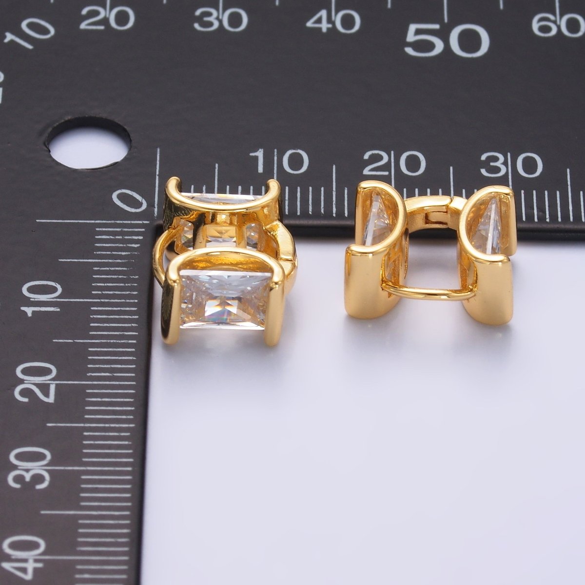 24K Gold Filled Clear CZ Baguette Double Sided Huggie Hoop Earrings | V524 - DLUXCA