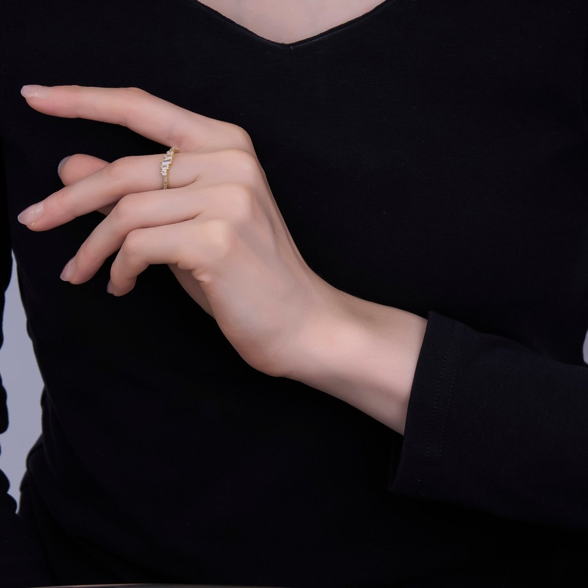 24K Gold Filled Clear CZ Baguette Gradient Micro Paved CZ Ring | O1433 - DLUXCA