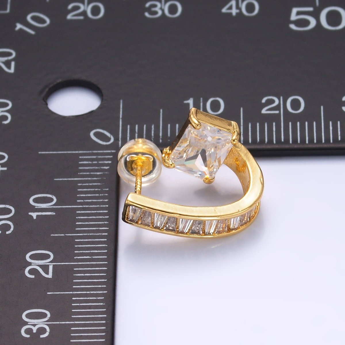 24K Gold Filled Clear CZ Baguette J - Shaped Hoop Earrings | AB713 - DLUXCA