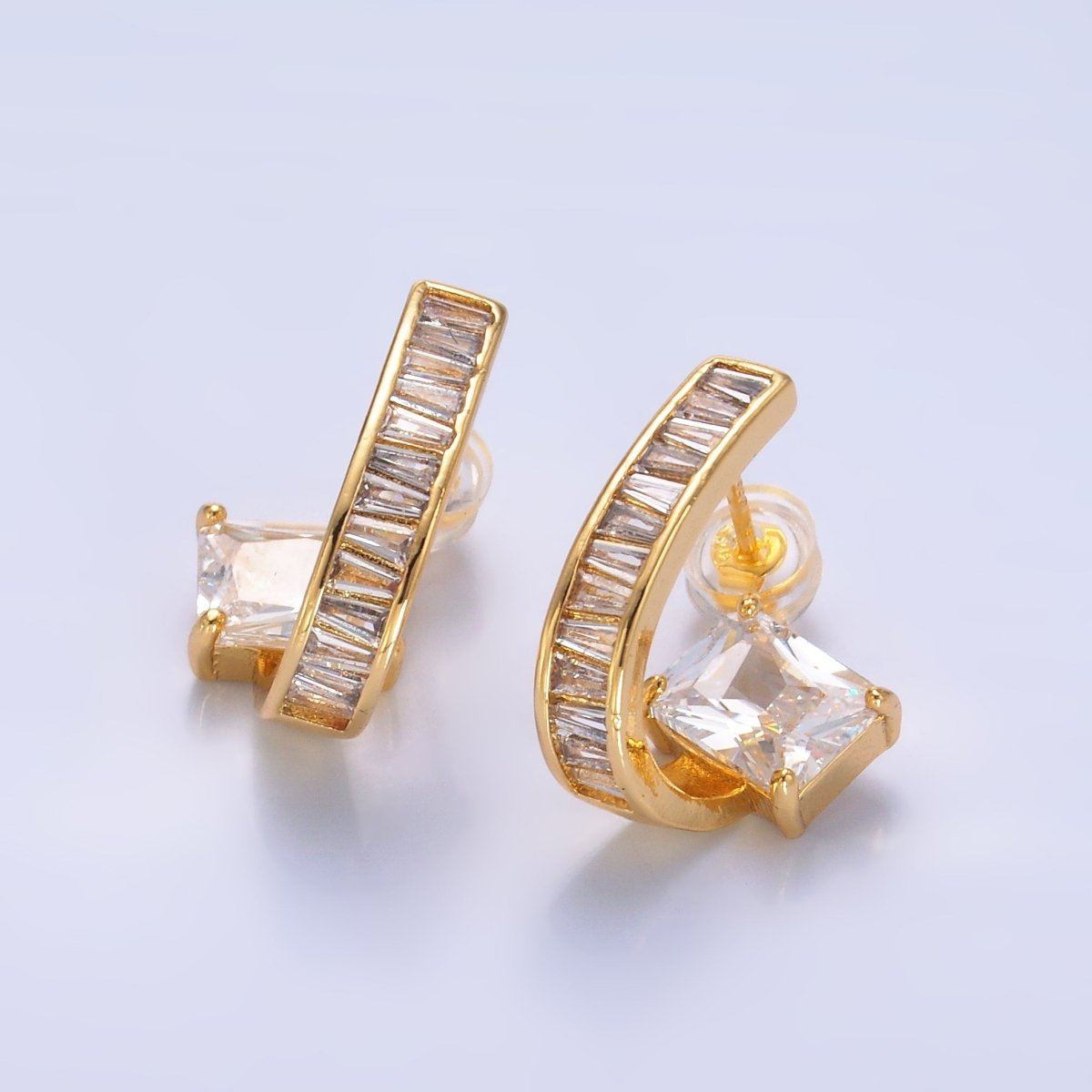 24K Gold Filled Clear CZ Baguette J - Shaped Hoop Earrings | AB713 - DLUXCA