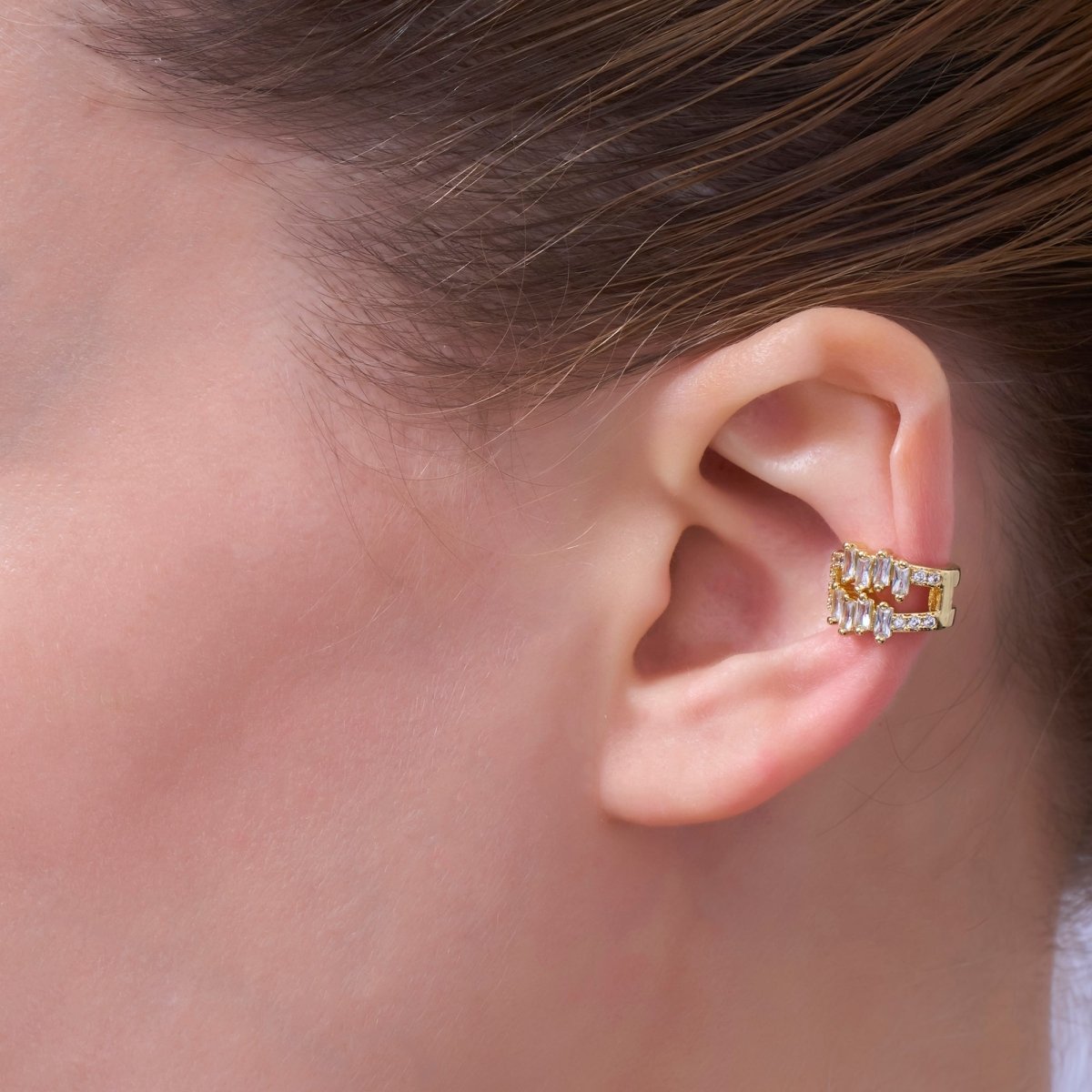 24K Gold Filled Clear CZ Baguette Micro Paved Ear Cuff Earrings | AI177 - DLUXCA