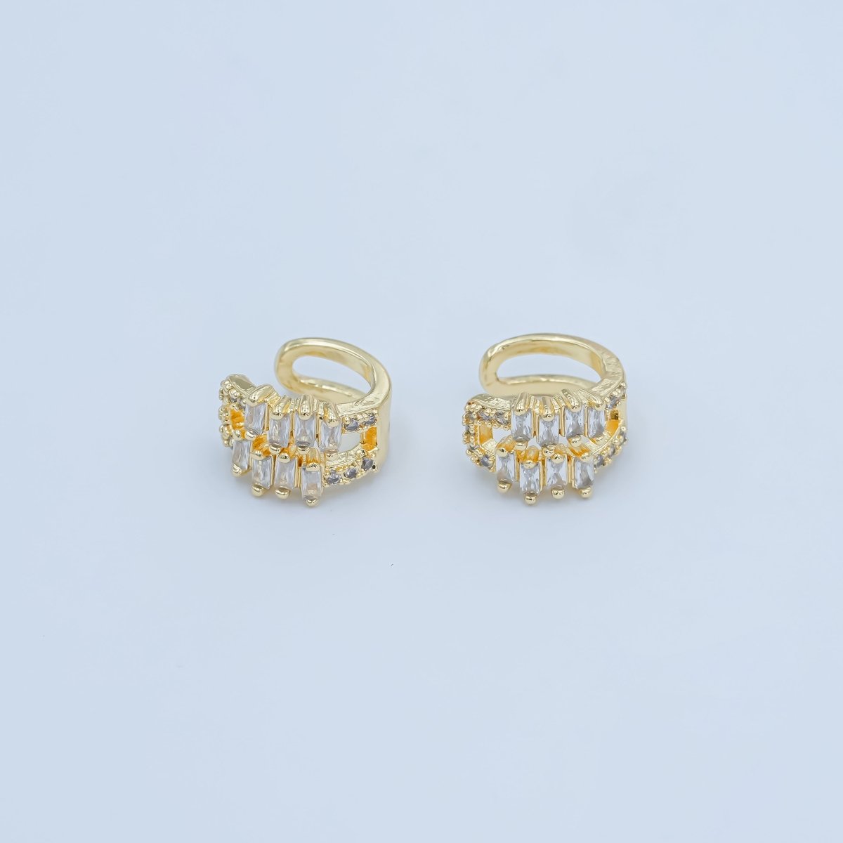 24K Gold Filled Clear CZ Baguette Micro Paved Ear Cuff Earrings | AI177 - DLUXCA
